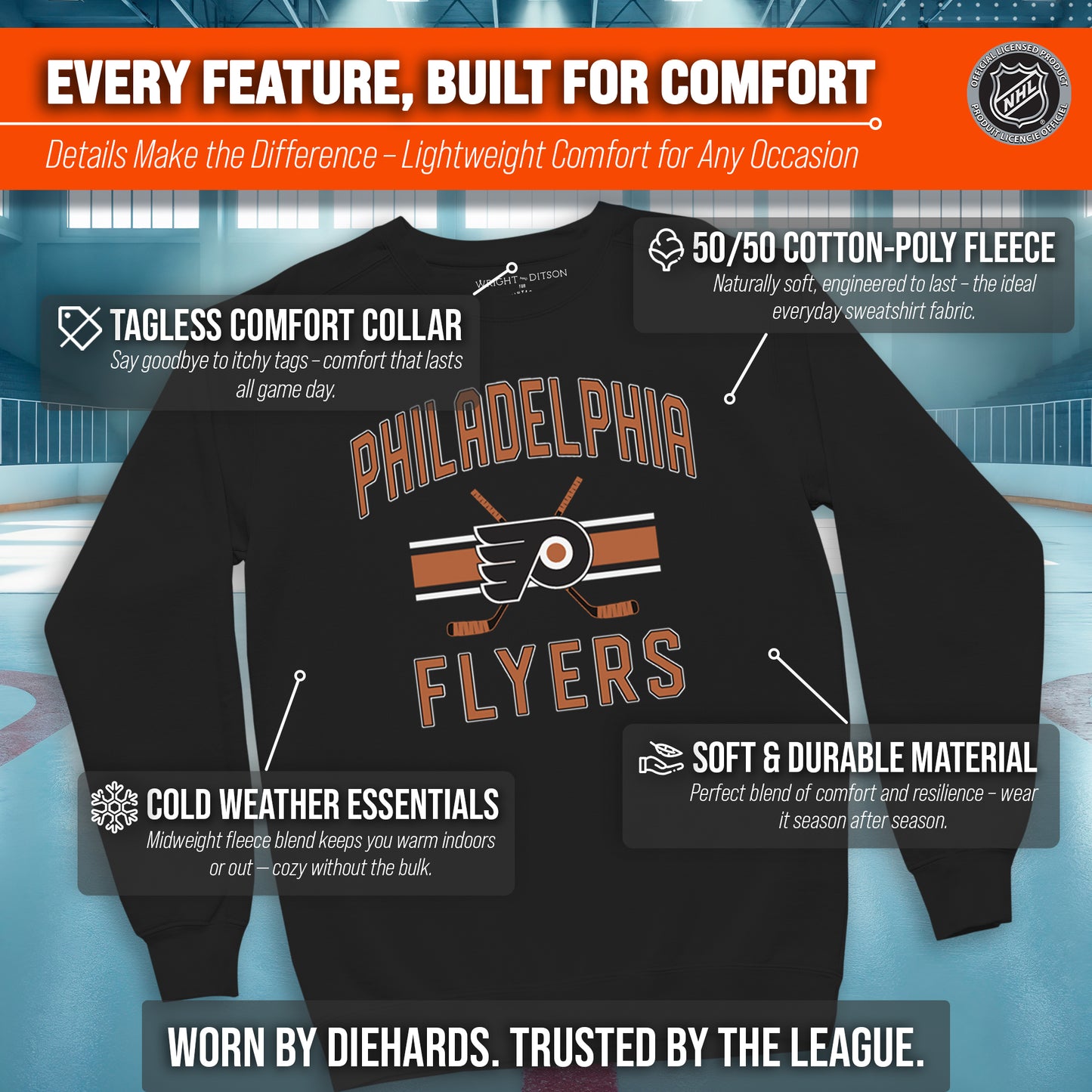 Philadelphia Flyers Adult NHL Faceoff Hockey Fleece Crewneck Sweatshirt - Black