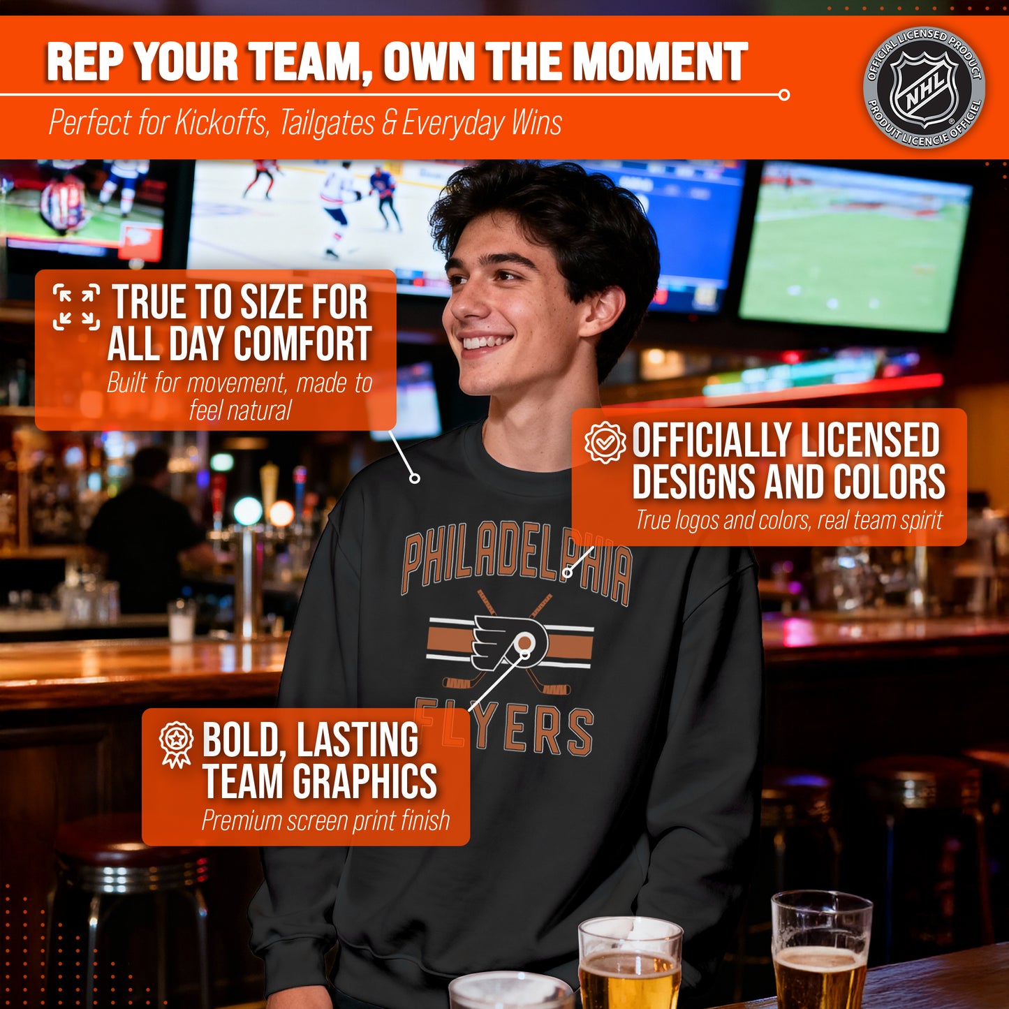 Philadelphia Flyers Adult NHL Faceoff Hockey Fleece Crewneck Sweatshirt - Black