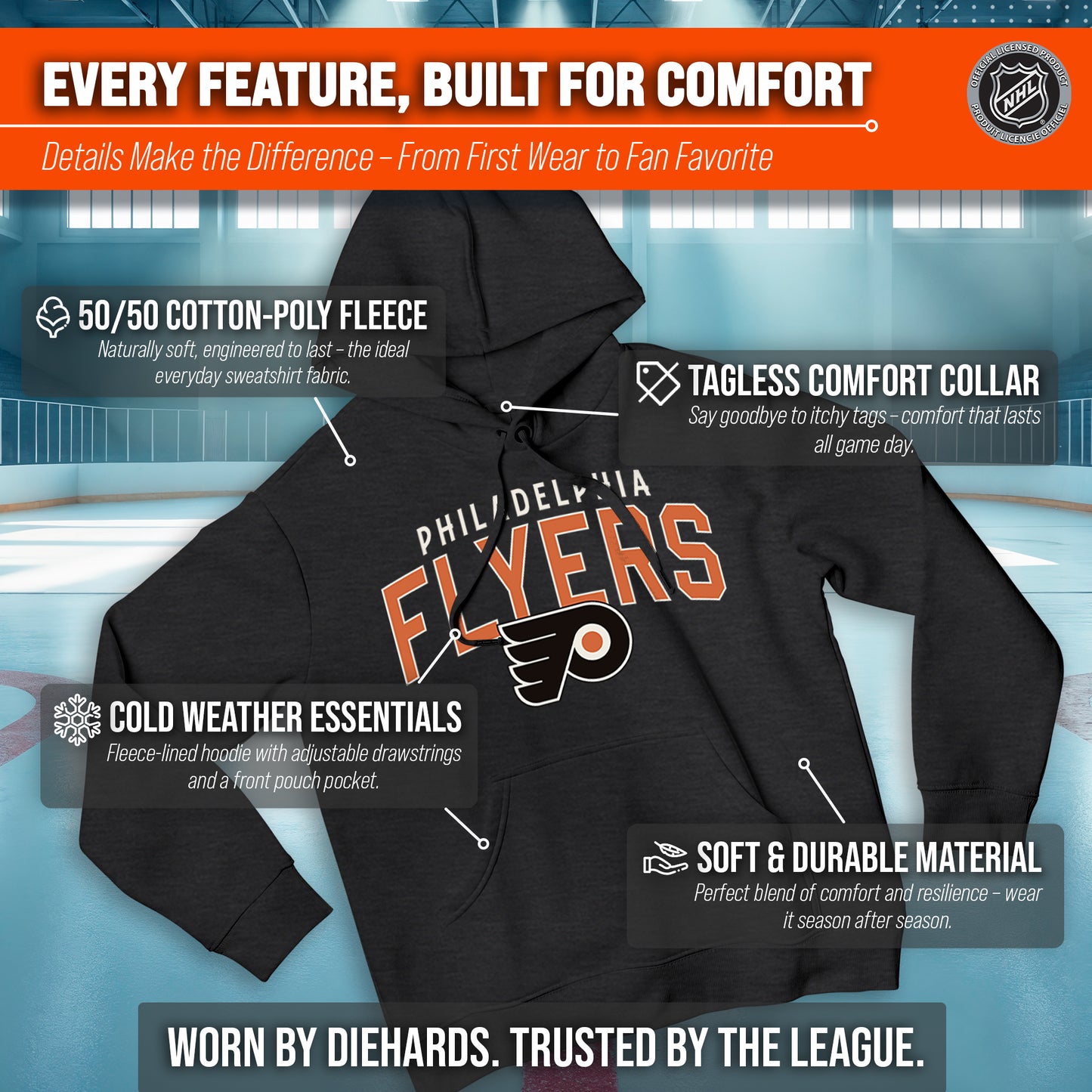 Philadelphia Flyers NHL Adult Unisex Powerplay Hooded Sweatshirt - Black Heather