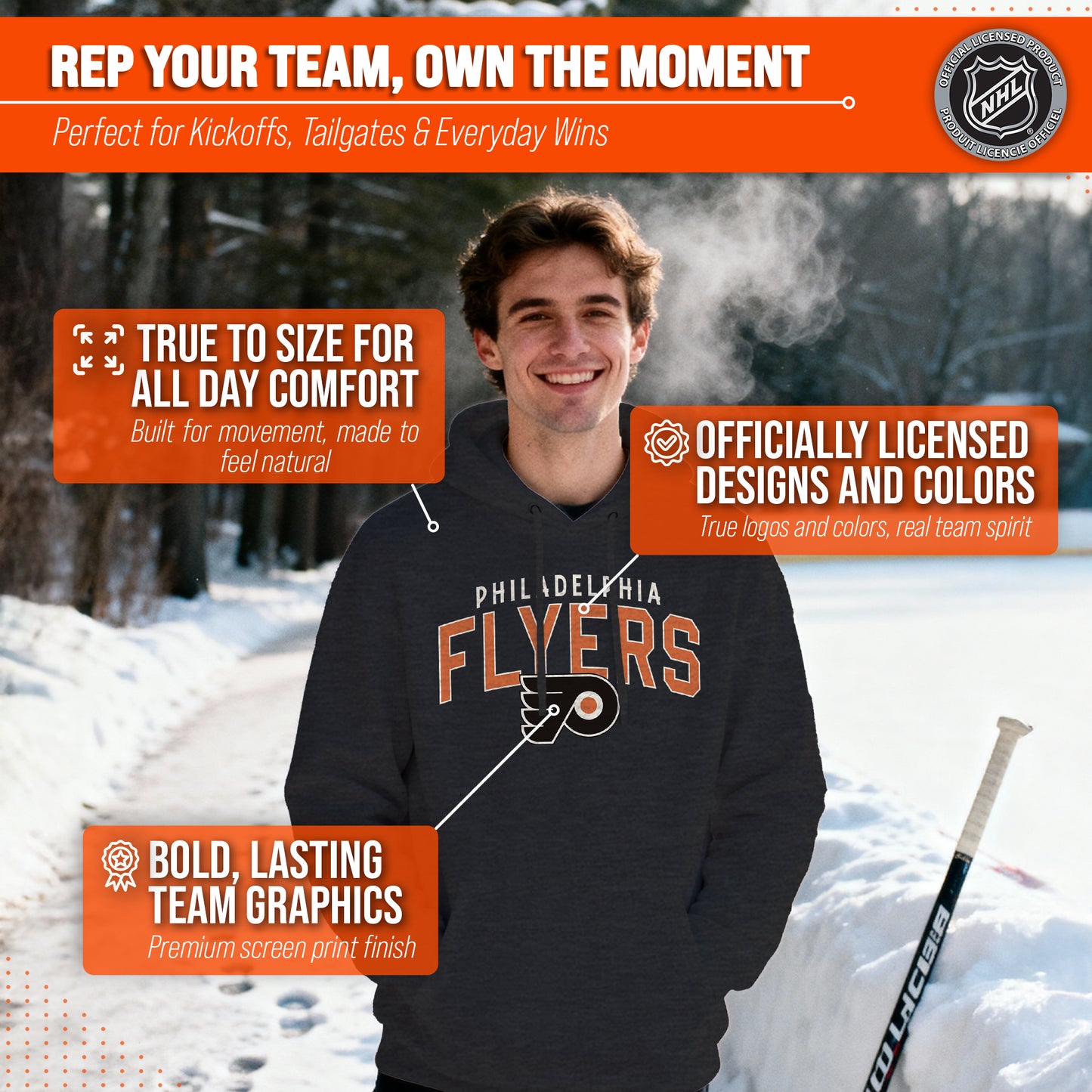 Philadelphia Flyers NHL Adult Unisex Powerplay Hooded Sweatshirt - Black Heather