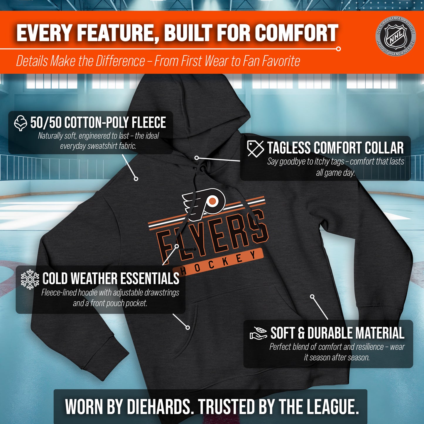 Philadelphia Flyers NHL Adult Heather Charcoal True Fan Hooded Sweatshirt Unisex - Charcoal