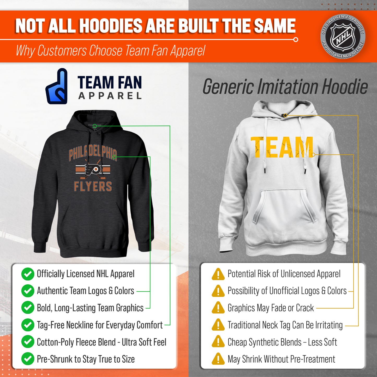 Philadelphia Flyers Adult NHL Faceoff Hockey Fleece Hooded Sweatshirt- Jersey Stripe - Black