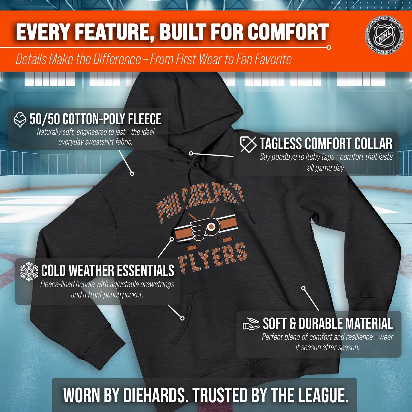 Philadelphia Flyers Adult NHL Faceoff Hockey Fleece Hooded Sweatshirt- Jersey Stripe - Black