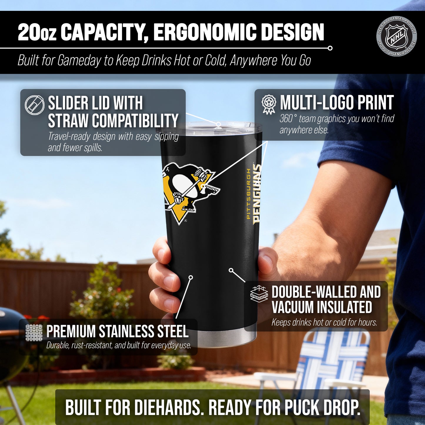 Pittsburgh Penguins NHL Hockey 20oz Stainless Steel Vacuum Insulated Game Day Tumbler with Silicone Grip - Black