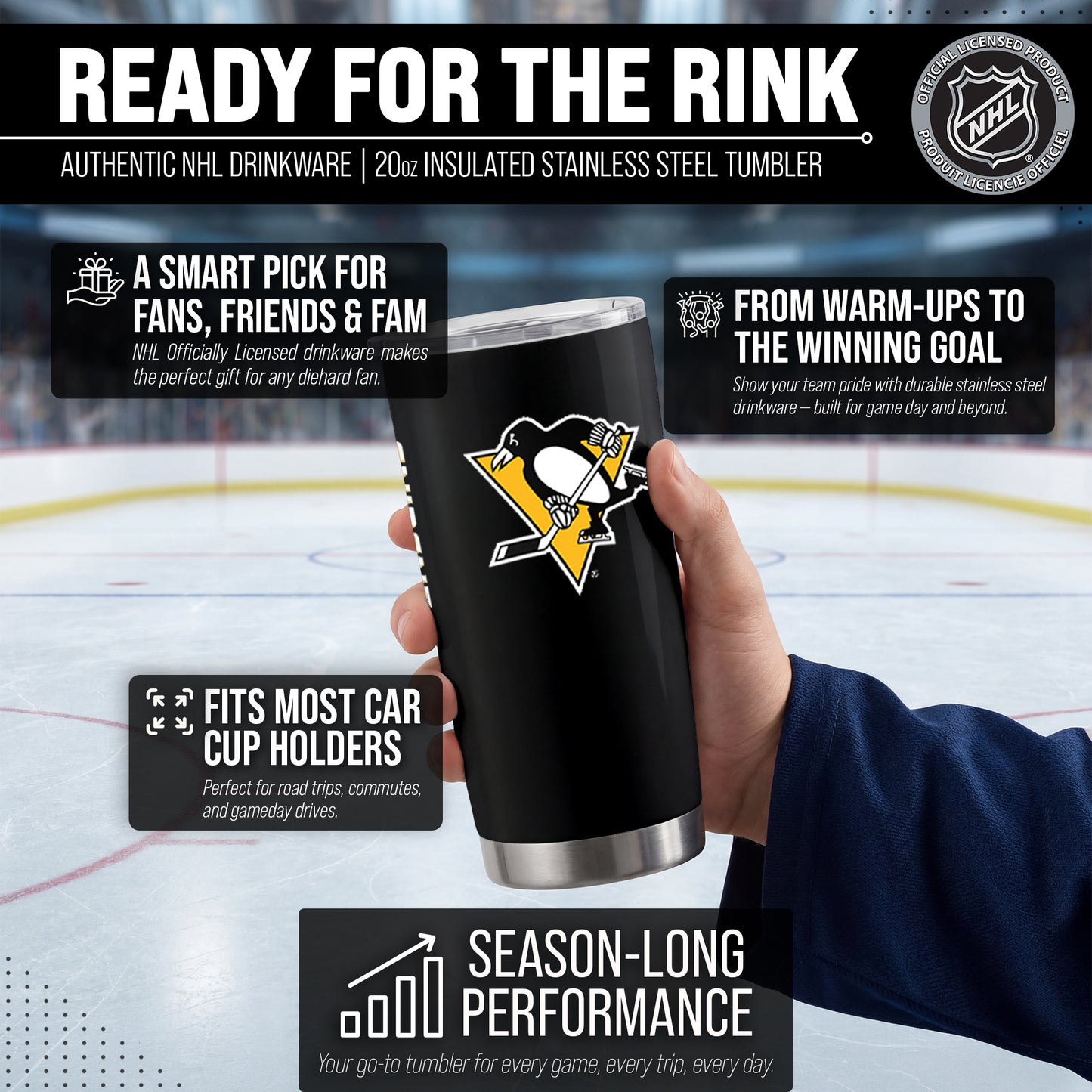 Pittsburgh Penguins NHL Hockey 20oz Stainless Steel Vacuum Insulated Game Day Tumbler with Silicone Grip - Black