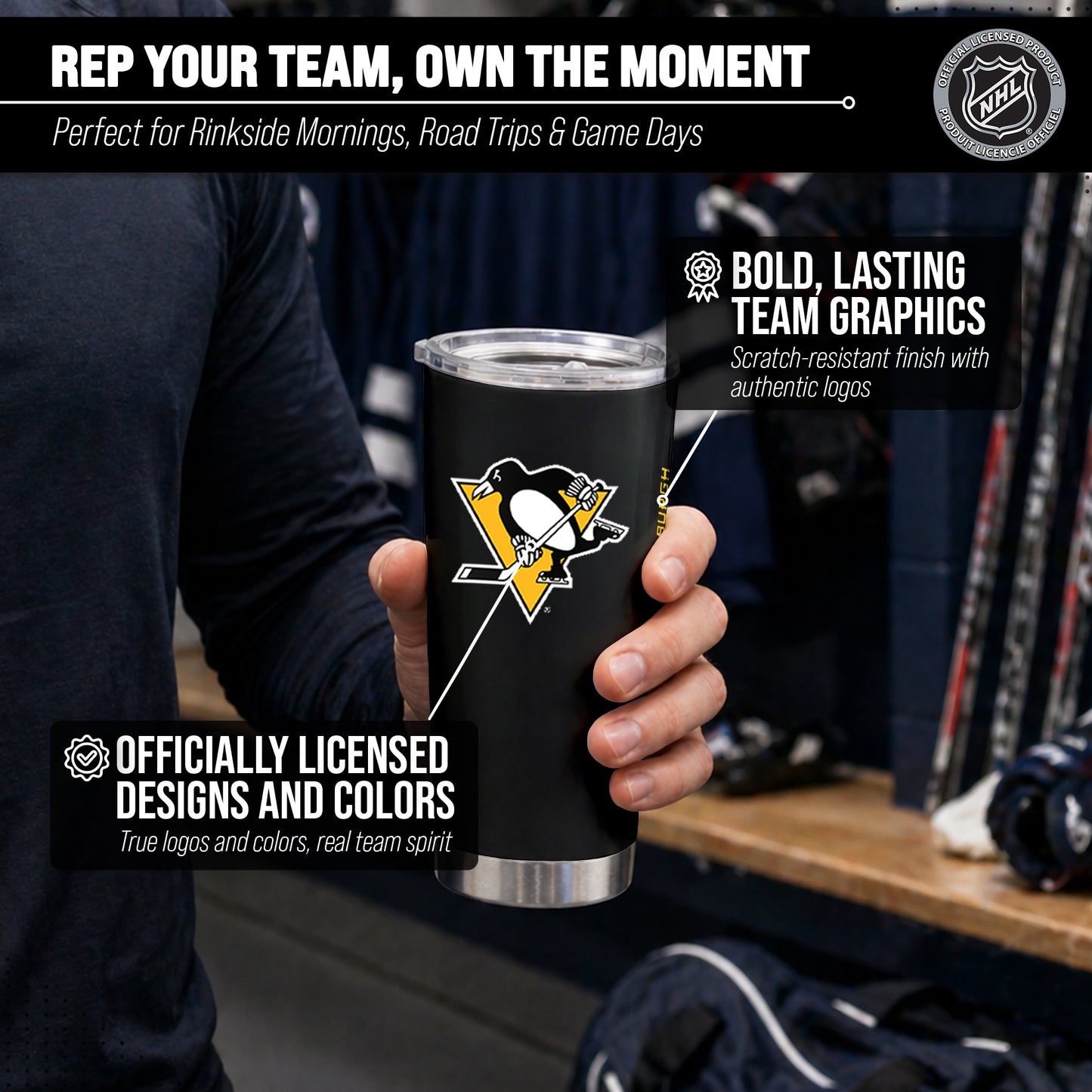 Pittsburgh Penguins NHL Hockey 20oz Stainless Steel Vacuum Insulated Game Day Tumbler with Silicone Grip - Black