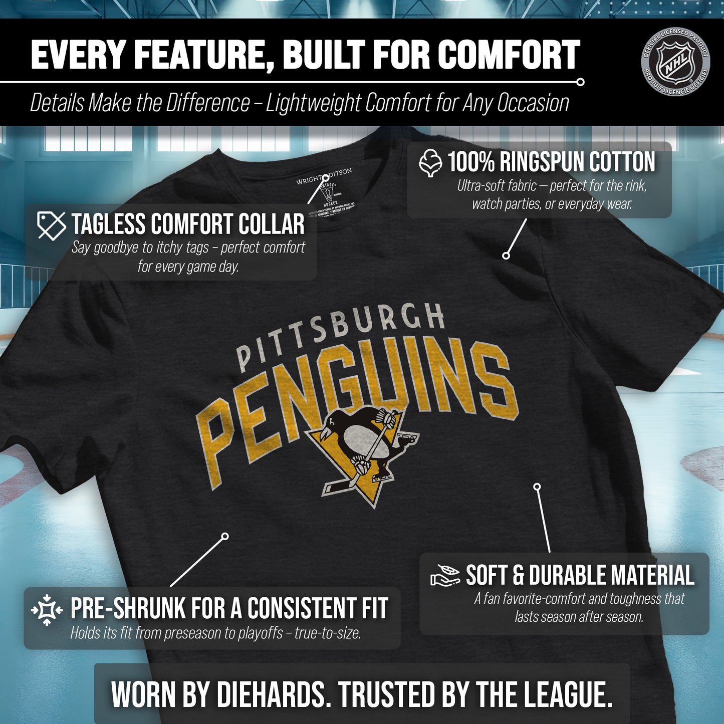 Pittsburgh Penguins NHL Adult Powerplay Heathered Unisex T-Shirt - Black Heather
