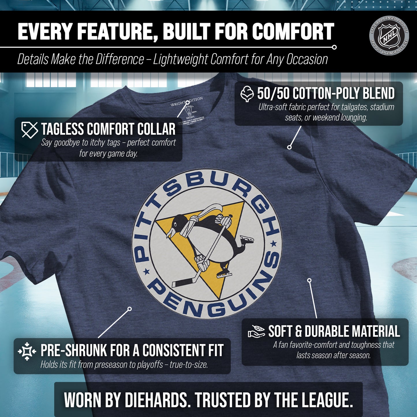 Pittsburgh Penguins NHL Adult Retro Logo Tag-Less T-Shirt - Navy Heather