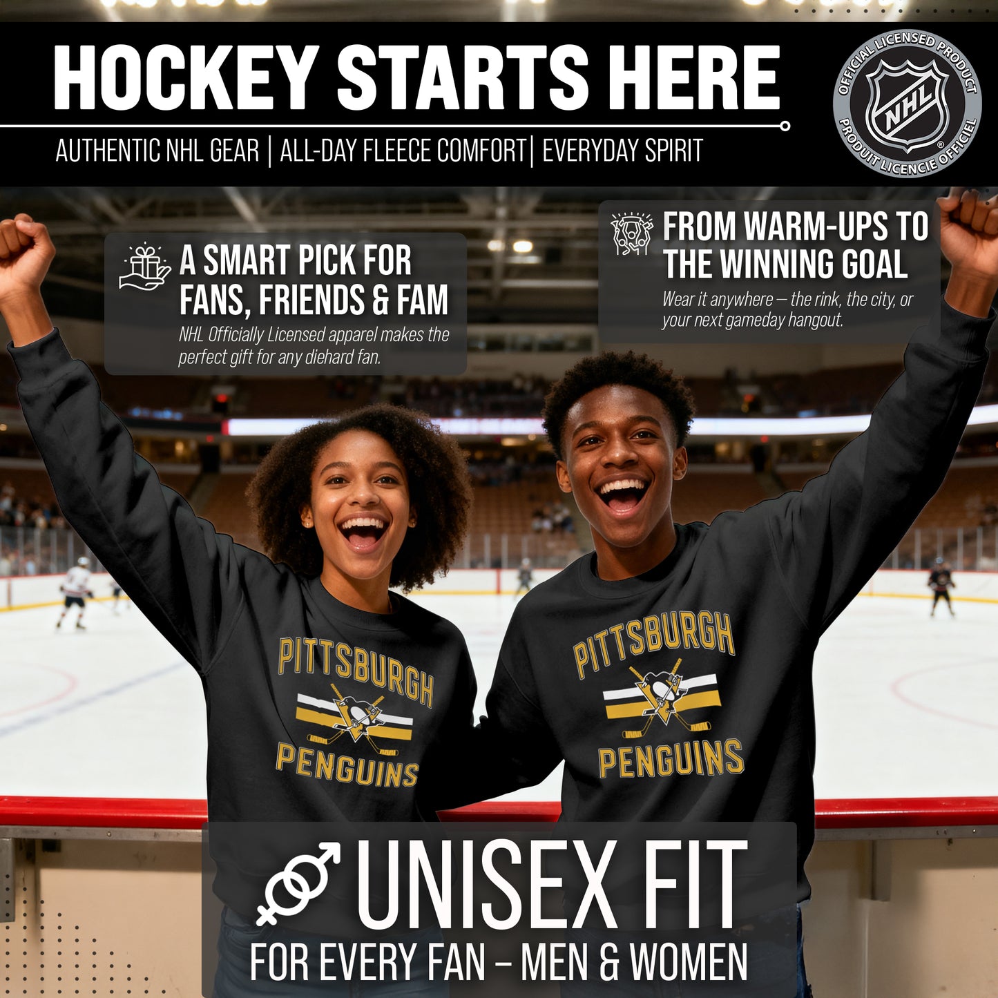 Pittsburgh Penguins Adult NHL Faceoff Hockey Fleece Crewneck Sweatshirt - Black