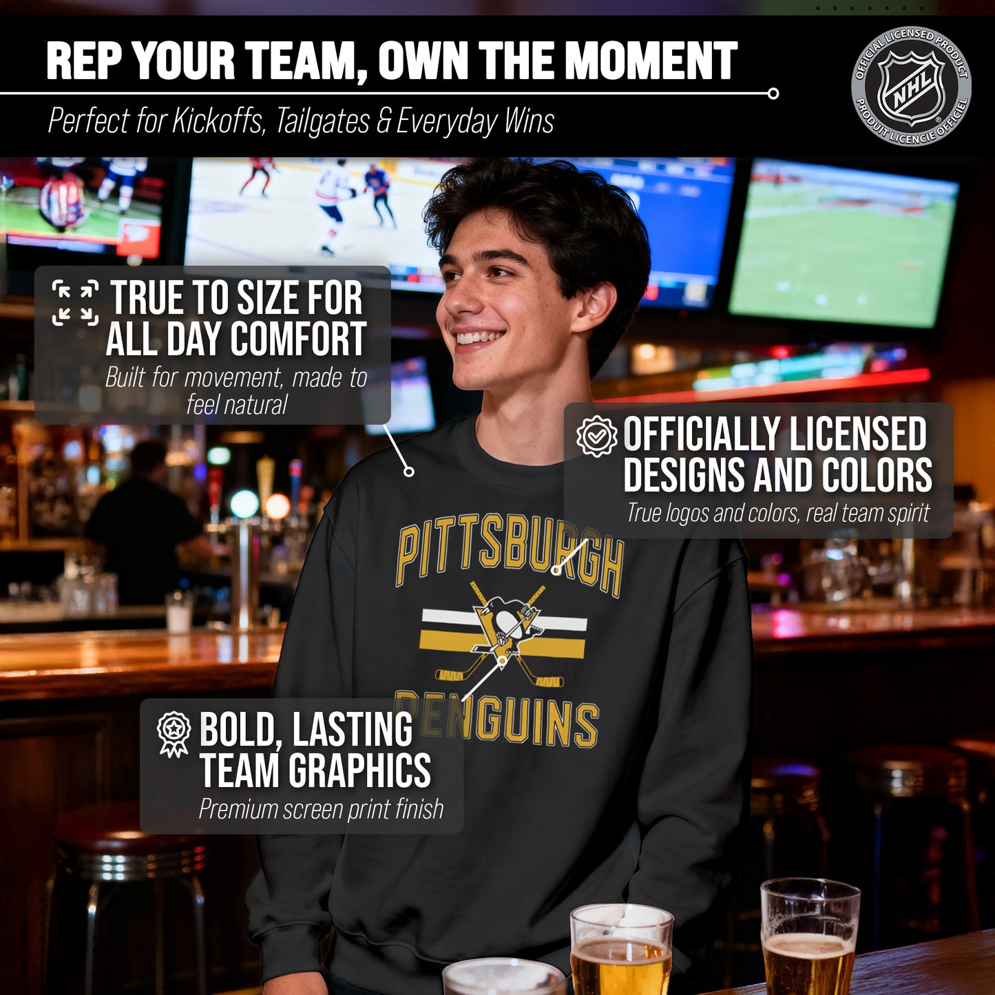 Pittsburgh Penguins Adult NHL Faceoff Hockey Fleece Crewneck Sweatshirt - Black