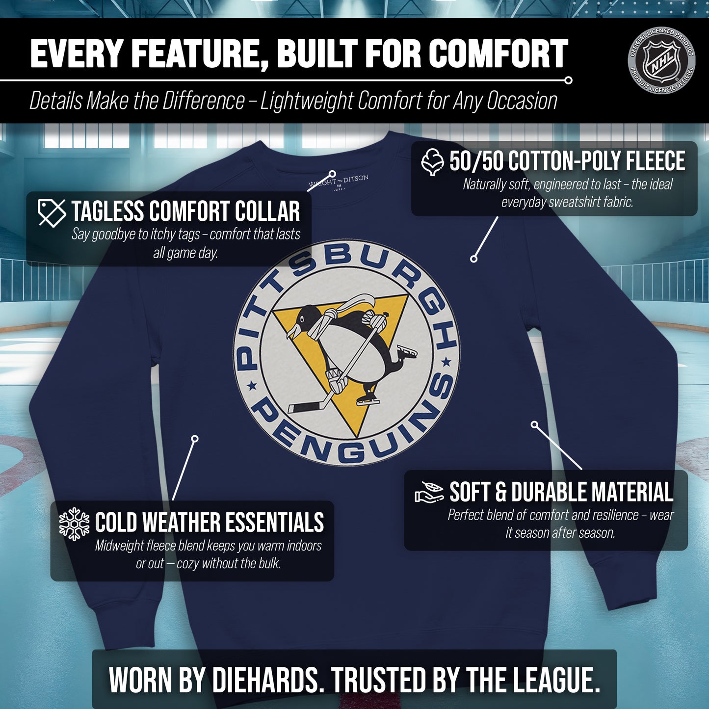 Pittsburgh Penguins Adult NHL Retro Logo Hockey Fleece Crewneck Sweatshirt - Navy Heather
