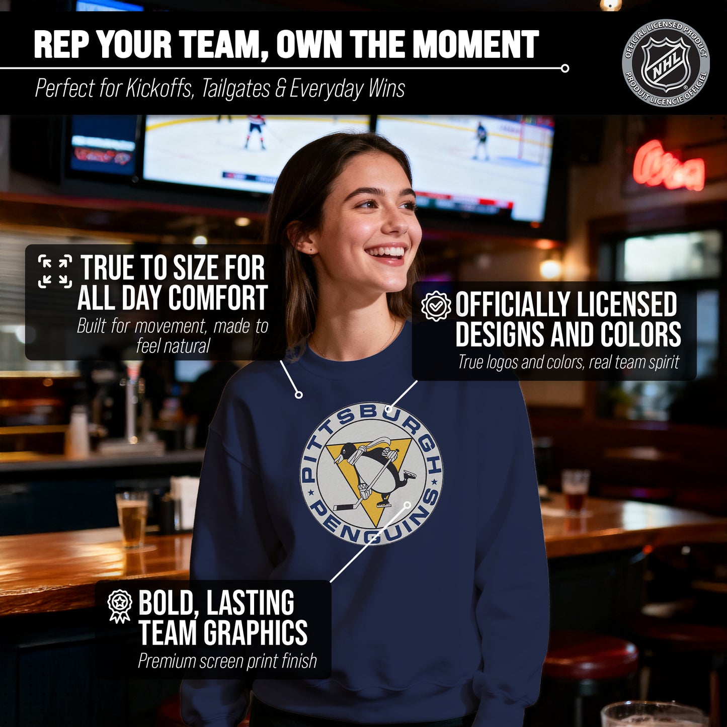 Pittsburgh Penguins Adult NHL Retro Logo Hockey Fleece Crewneck Sweatshirt - Navy Heather