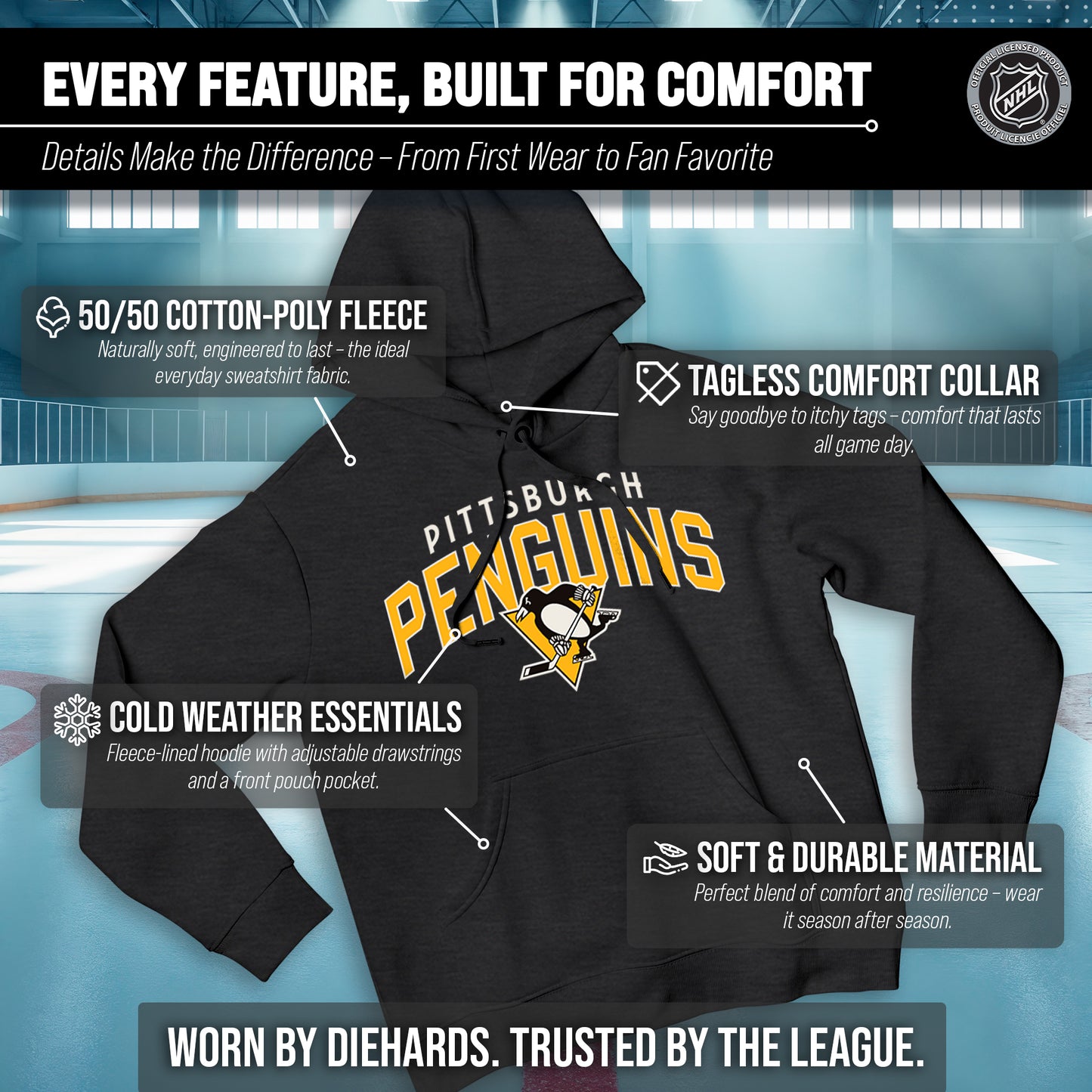 Pittsburgh Penguins NHL Adult Unisex Powerplay Hooded Sweatshirt - Black Heather