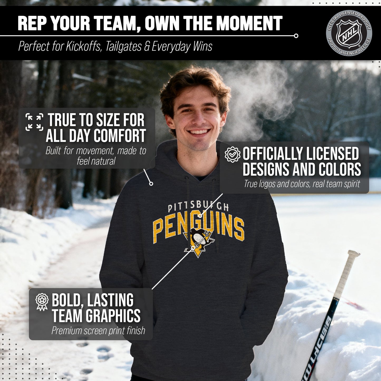 Pittsburgh Penguins NHL Adult Unisex Powerplay Hooded Sweatshirt - Black Heather