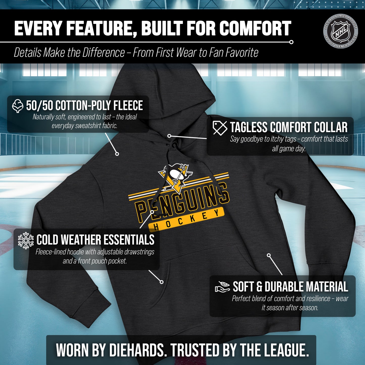 Pittsburgh Penguins NHL Adult Heather Charcoal True Fan Hooded Sweatshirt Unisex - Charcoal