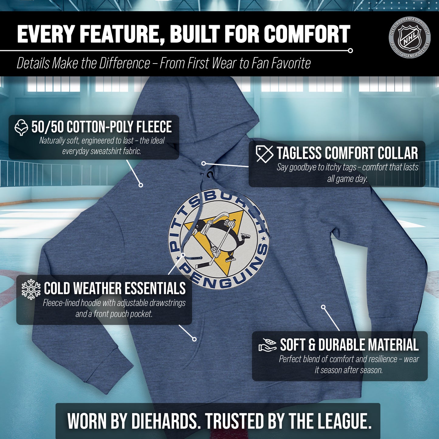Pittsburgh Penguins Adult NHL Retro Logo Hockey Fleece Hooded Sweatshirt - Navy Heather