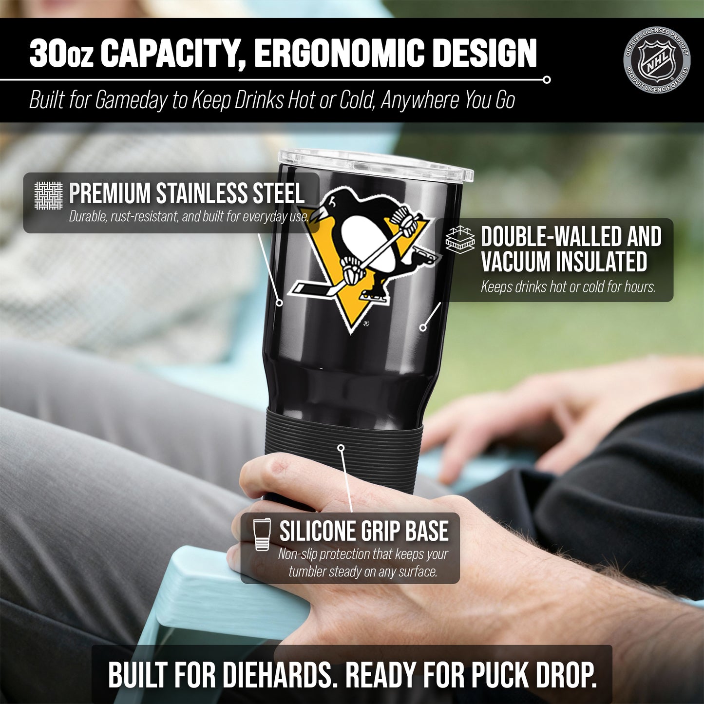 Pittsburgh Penguins NHL Hockey 30oz Stainless Steel Vacuum Insulated Game Day Tumbler with Silicone Grip - Black