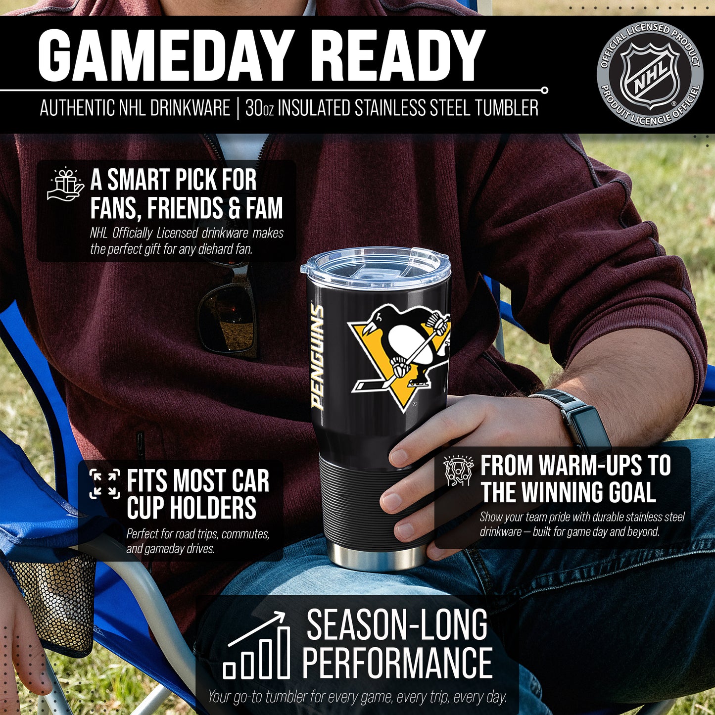 Pittsburgh Penguins NHL Hockey 30oz Stainless Steel Vacuum Insulated Game Day Tumbler with Silicone Grip - Black