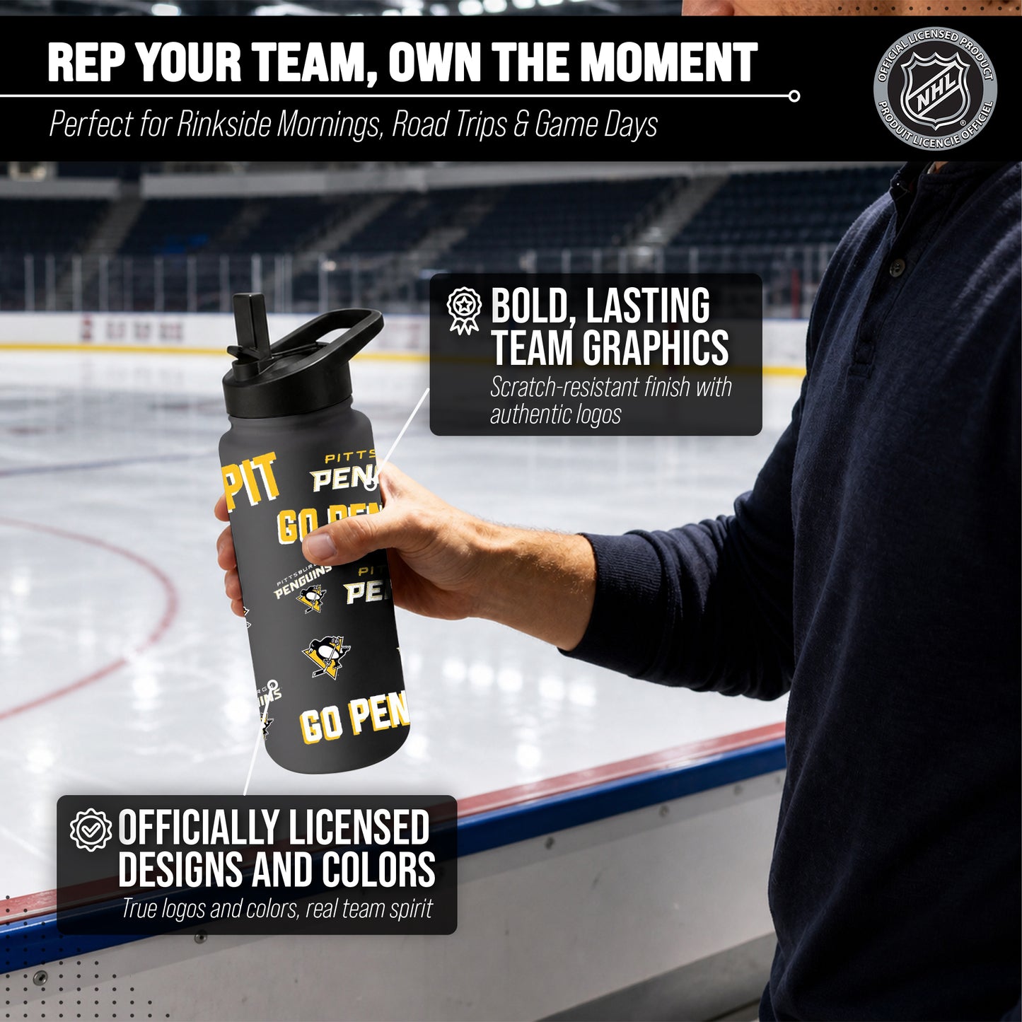 Pittsburgh Penguins NHL Hockey 34oz Stainless Steel Vacuum Insulated Game Day Water Bottle with Flip Straw Lid and Handle - Black