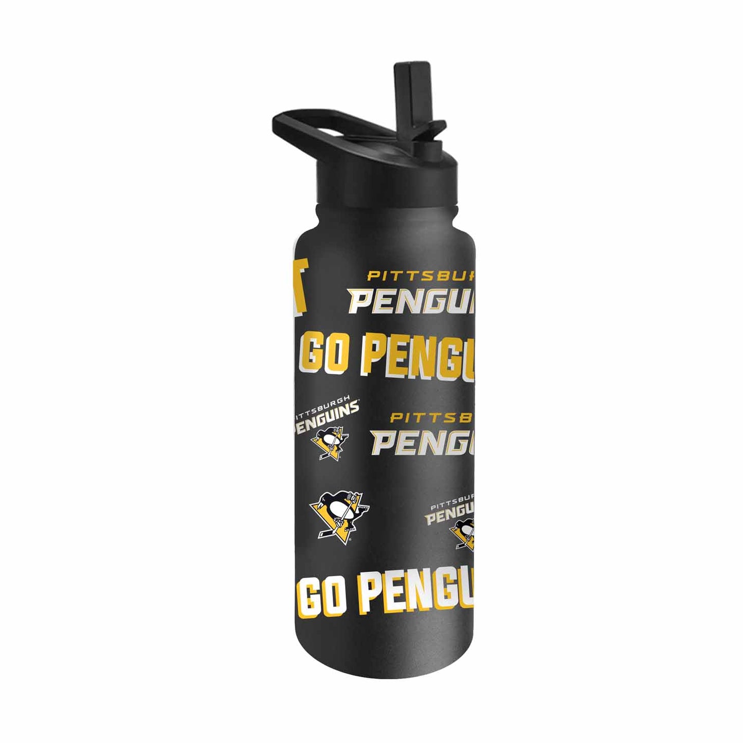 Pittsburgh Penguins NHL Hockey 34oz Stainless Steel Vacuum Insulated Game Day Water Bottle with Flip Straw Lid and Handle - Black