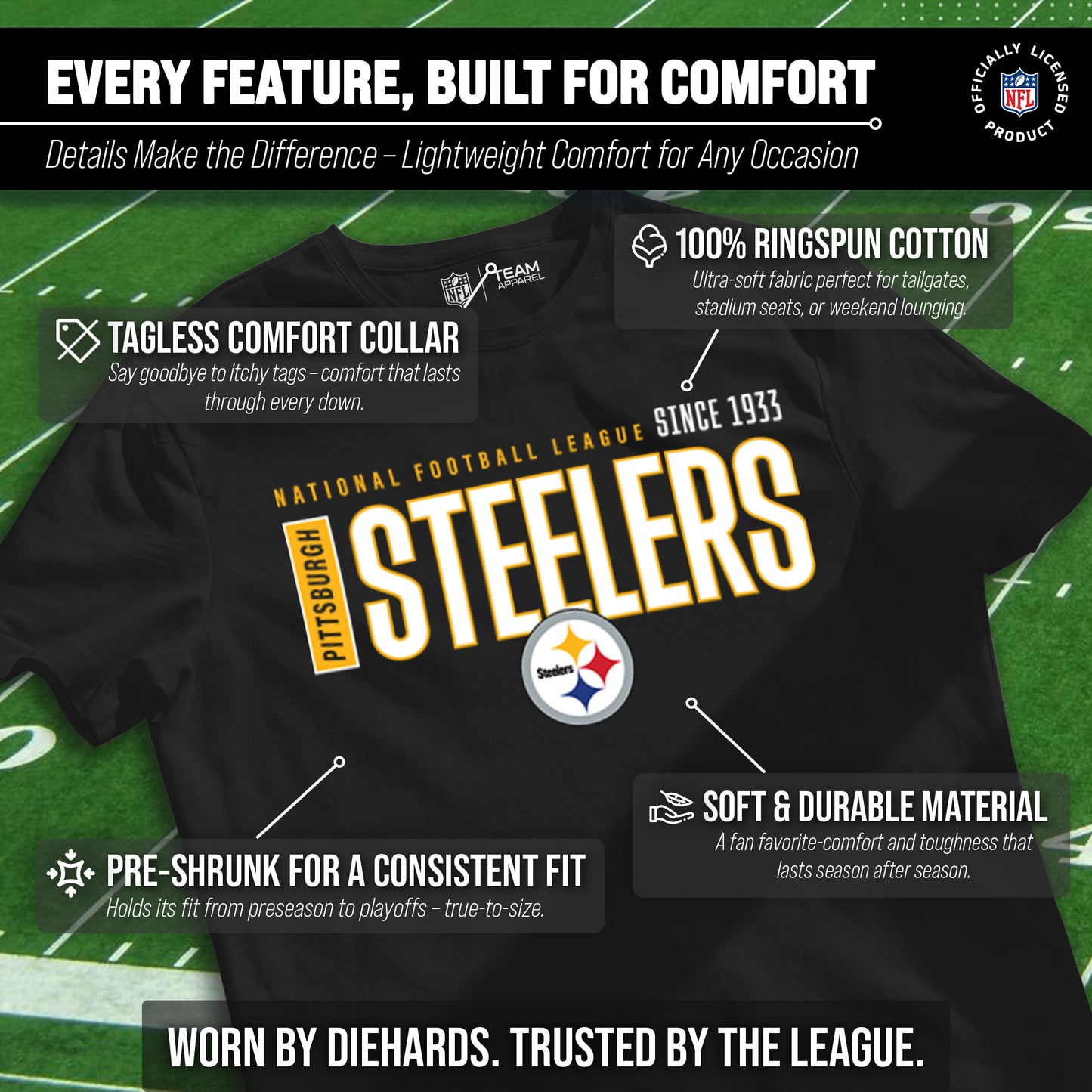 Pittsburgh Steelers NFL Youth Modern Endzone Football T-Shirt Unisex Tag Free Comfortable - Black