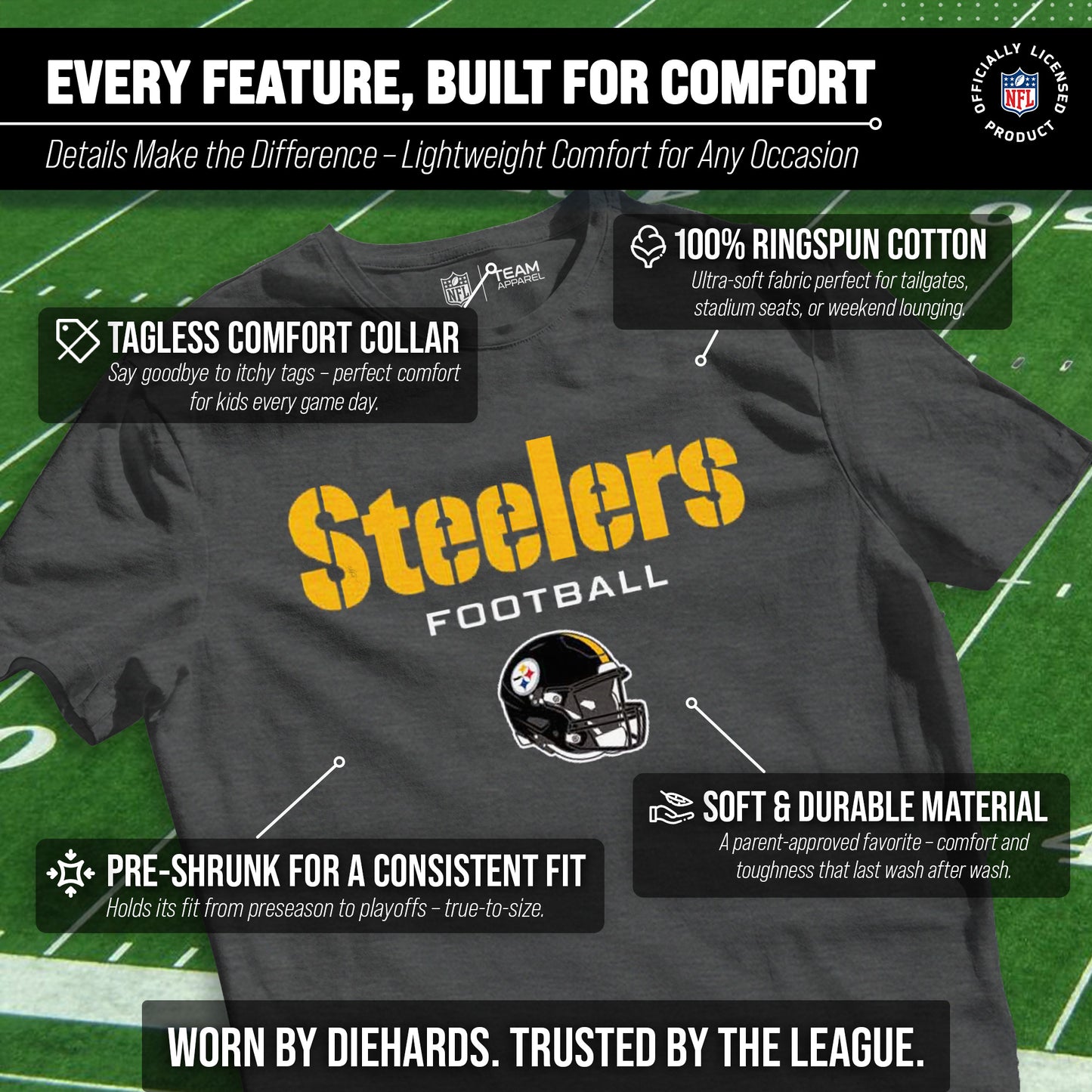 Pittsburgh Steelers NFL Youth Football Helmet Tagless T-Shirt - Charcoal