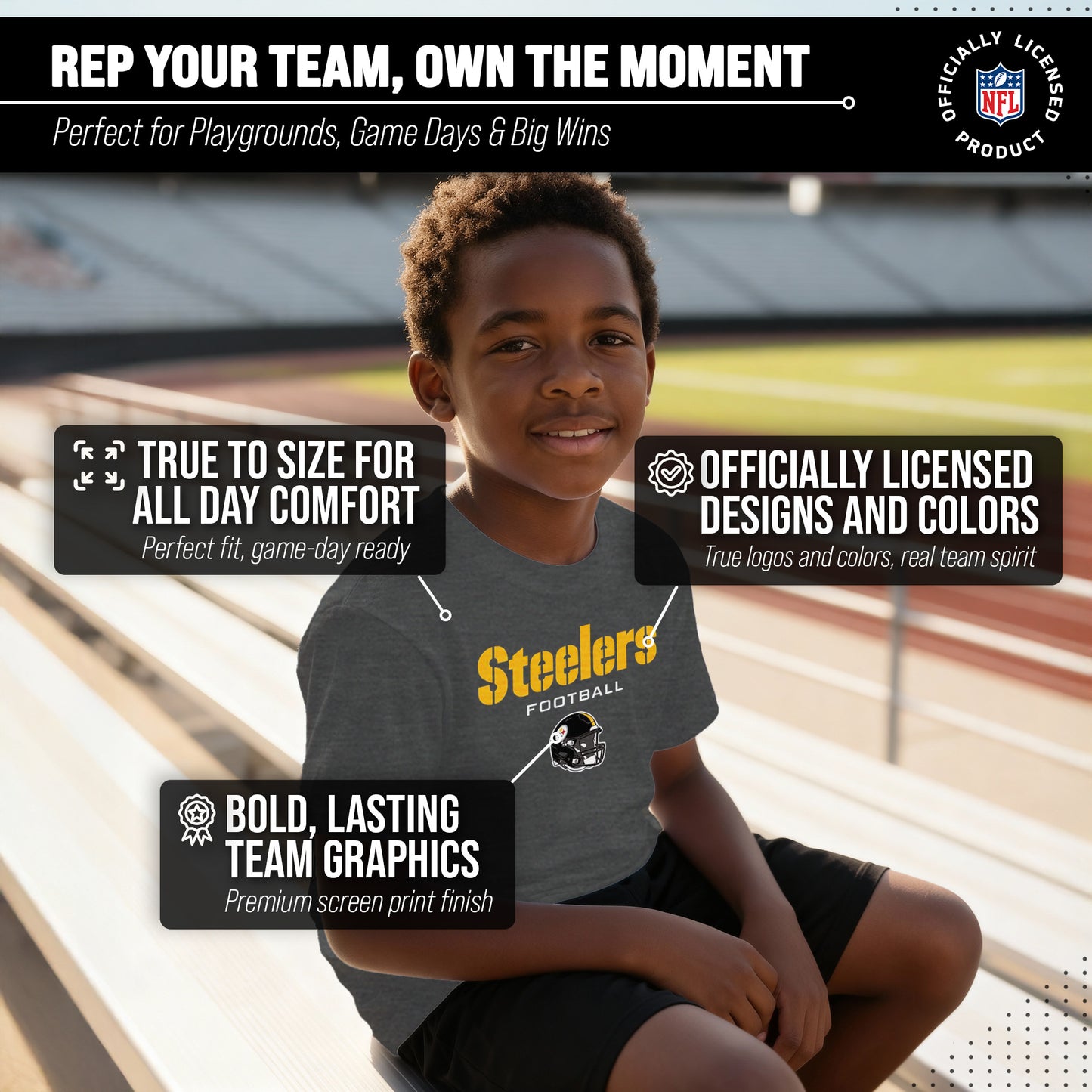 Pittsburgh Steelers NFL Youth Football Helmet Tagless T-Shirt - Charcoal