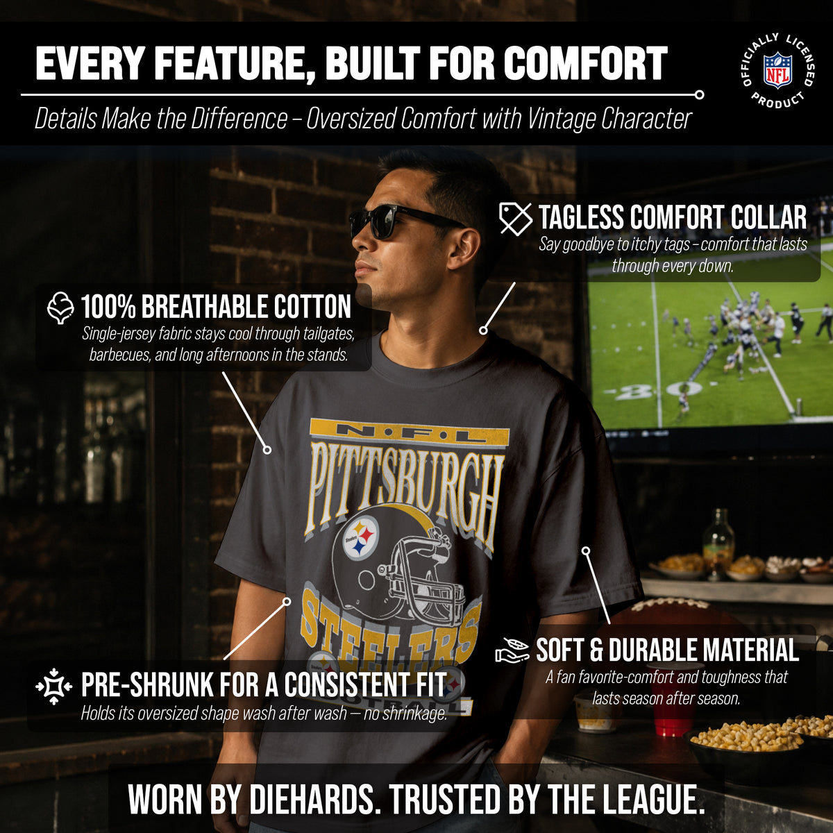 Pittsburgh Steelers Franchise Oversized Men's NFL Cotton Tee - Black