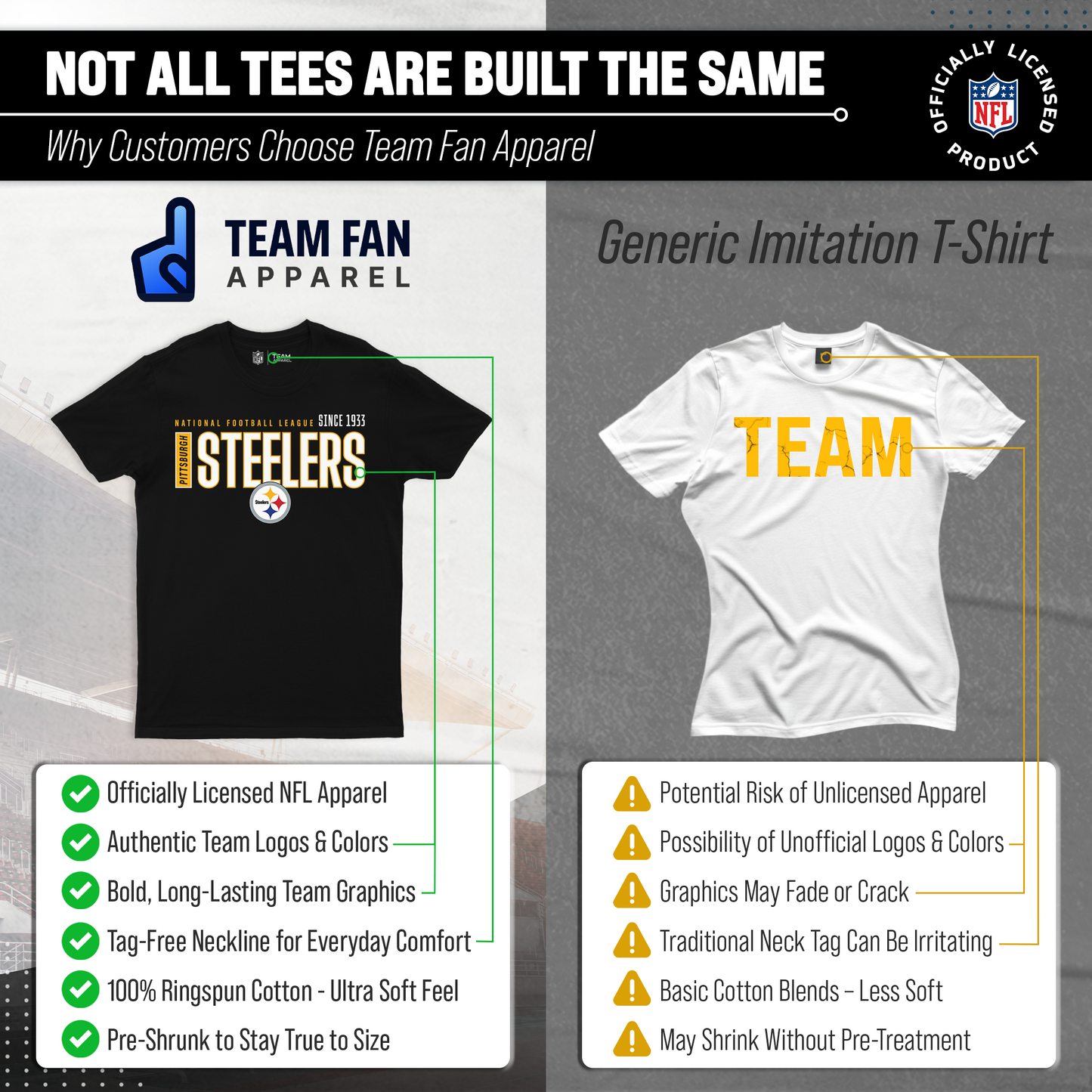 Pittsburgh Steelers NFL Adult Modern Endzone Tag-Less T-Shirt - Black