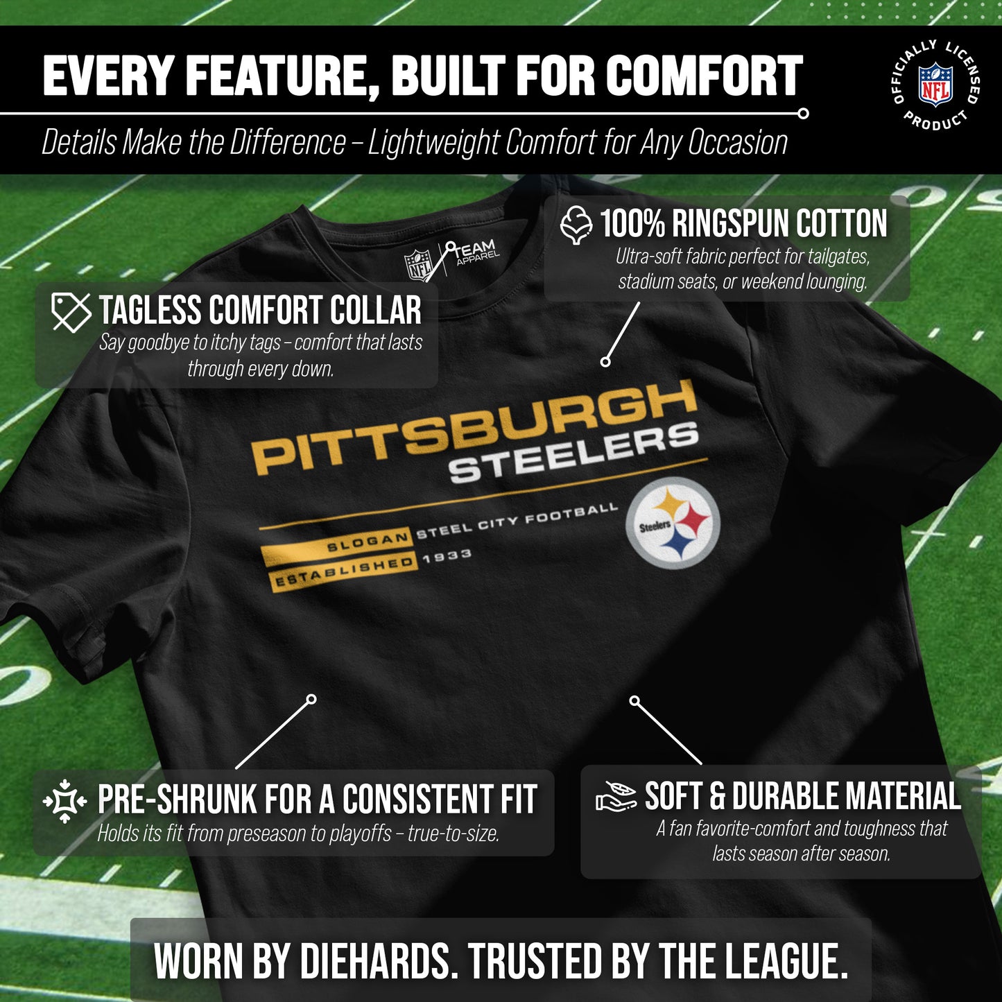 Pittsburgh Steelers Adult NFL Speed Stat Sheet T-Shirt - Black
