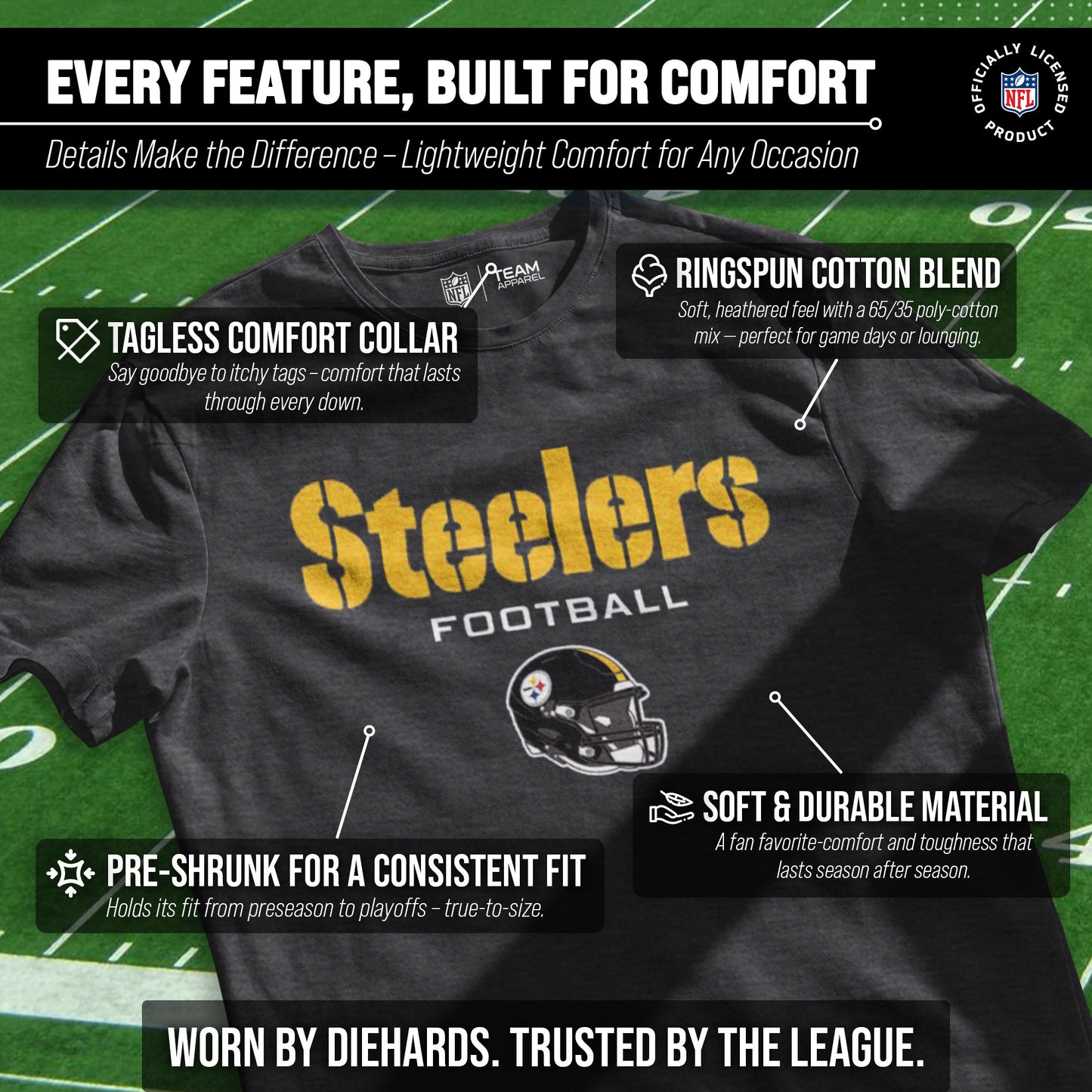 Pittsburgh Steelers NFL Adult Football Helmet Tagless T-Shirt - Charcoal
