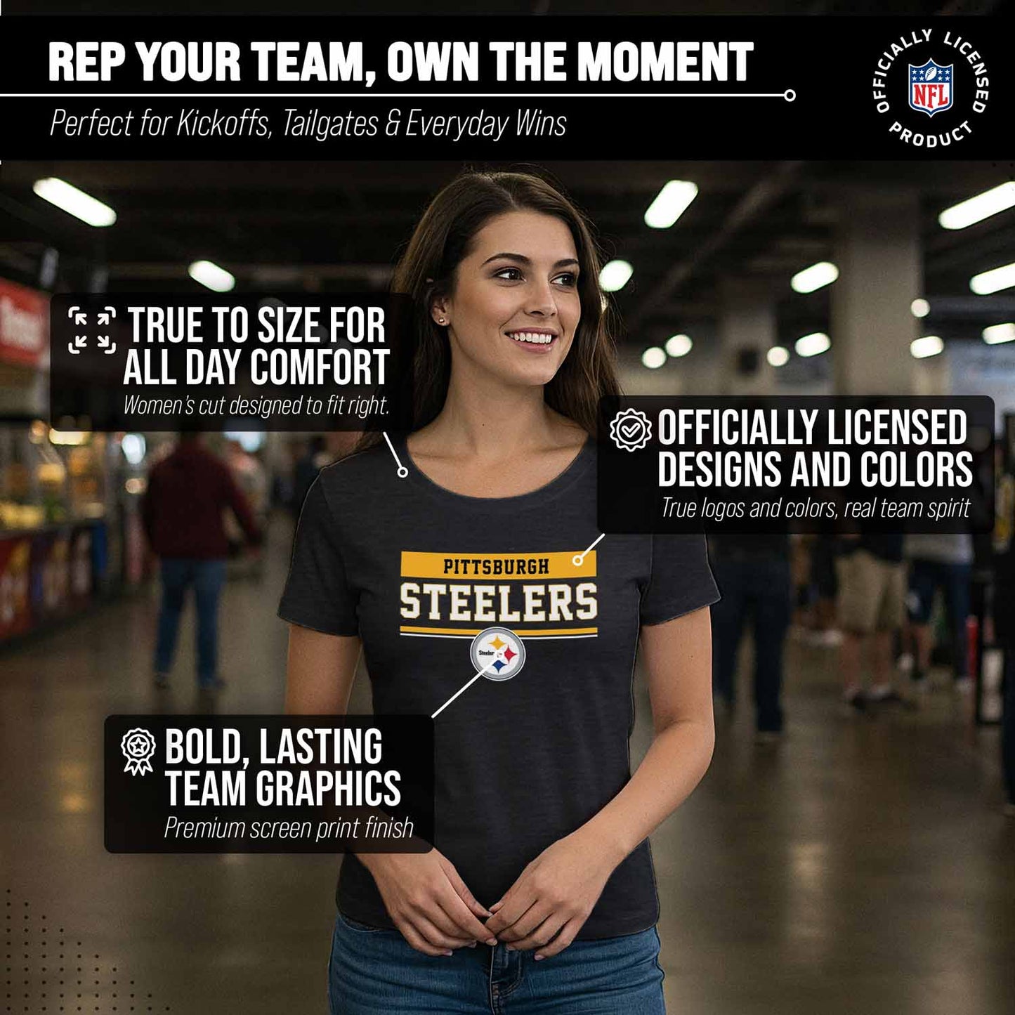 Pittsburgh Steelers NFL Women's Team Block Charcoal Tagless T-Shirt - Charcoal