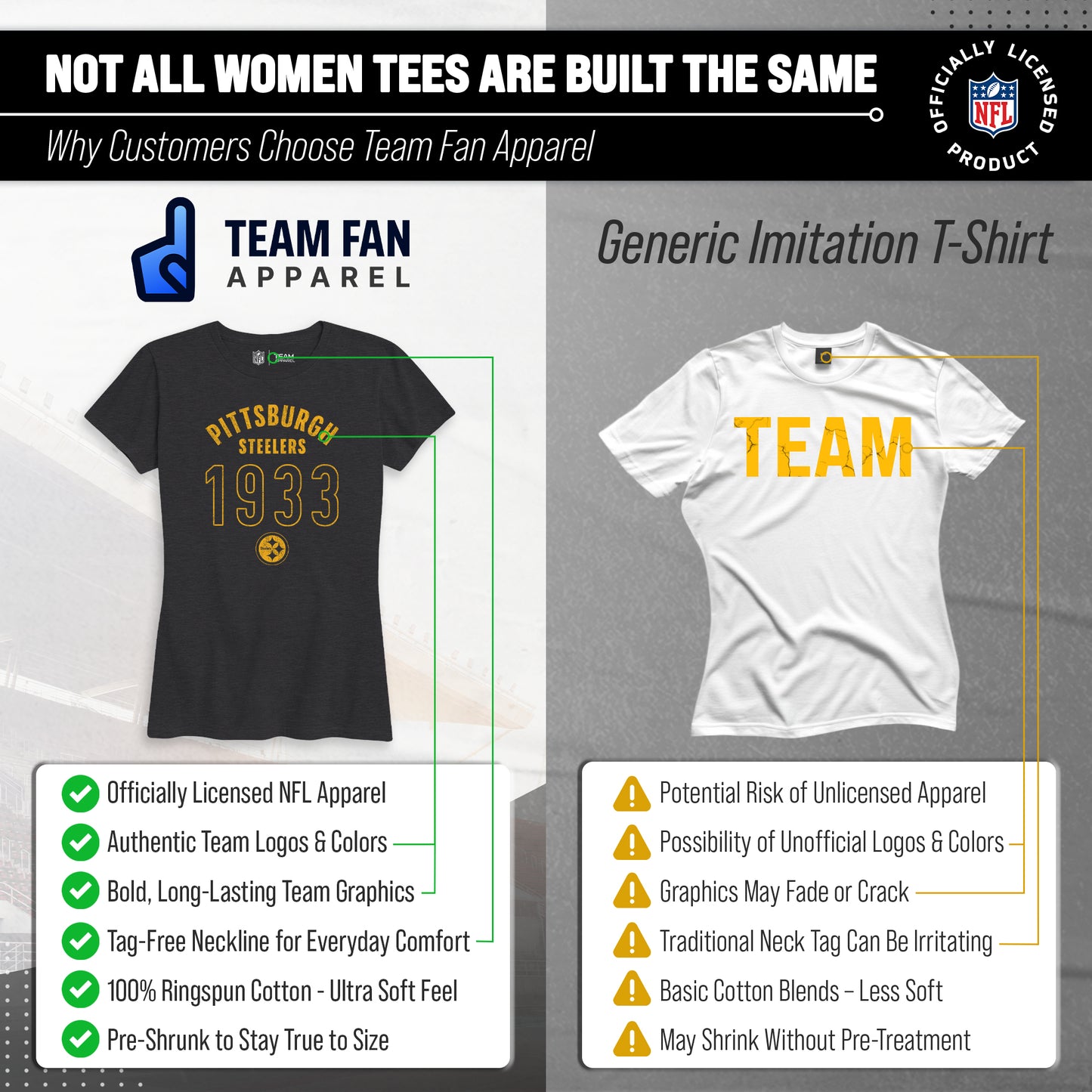 Pittsburgh Steelers NFL Womens Big Date Tag-Less T-Shirt - Black