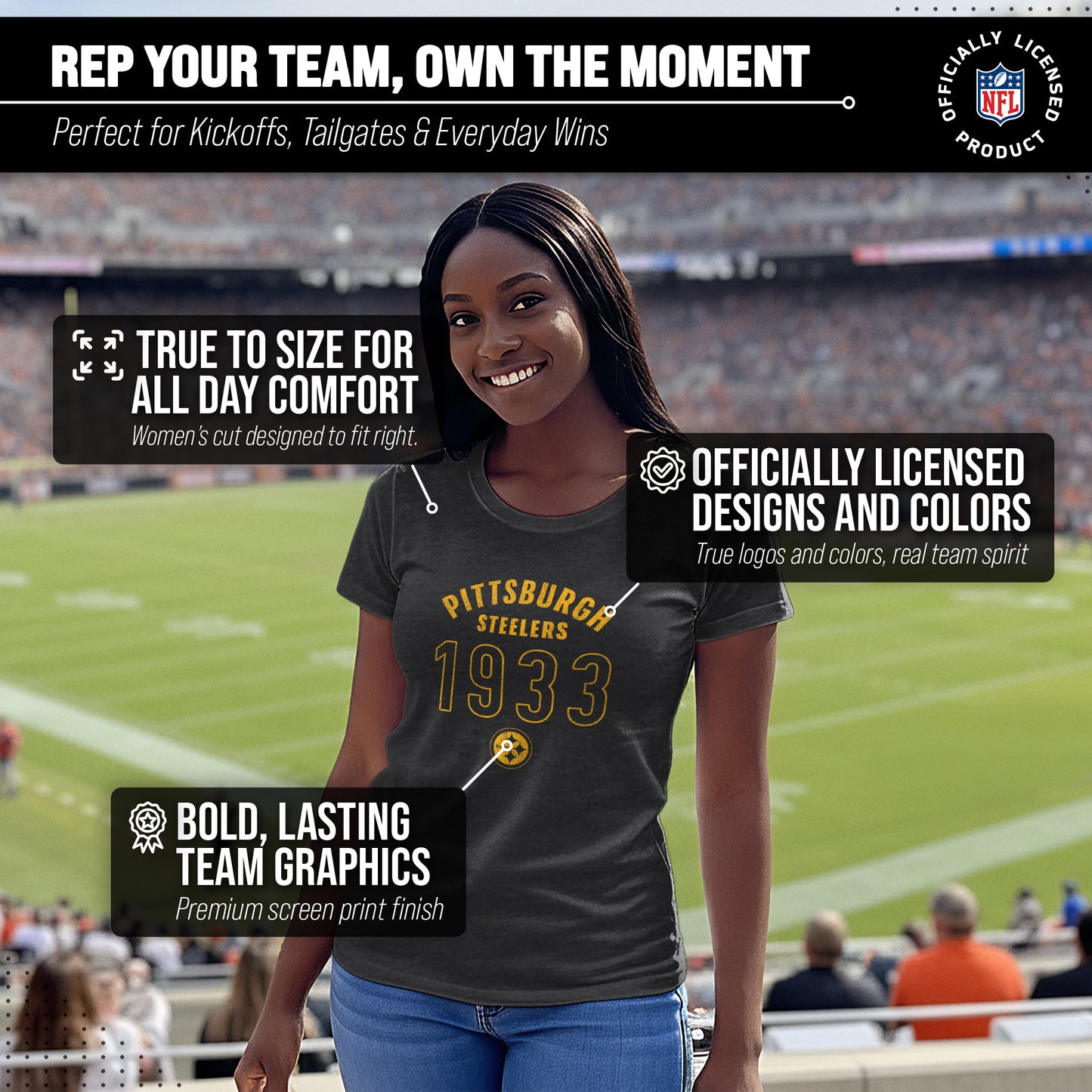 Pittsburgh Steelers NFL Womens Big Date Tag-Less T-Shirt - Black