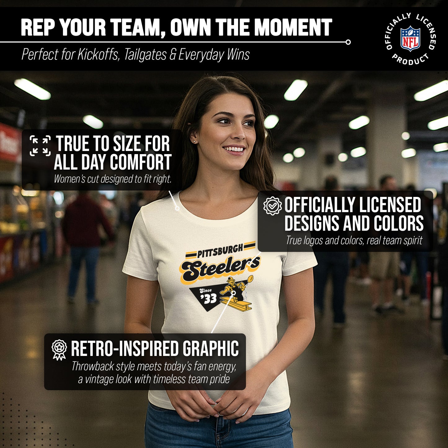 Pittsburgh Steelers NFL Womens Vintage Charm Tag-Less Soft T-Shirt - Birch