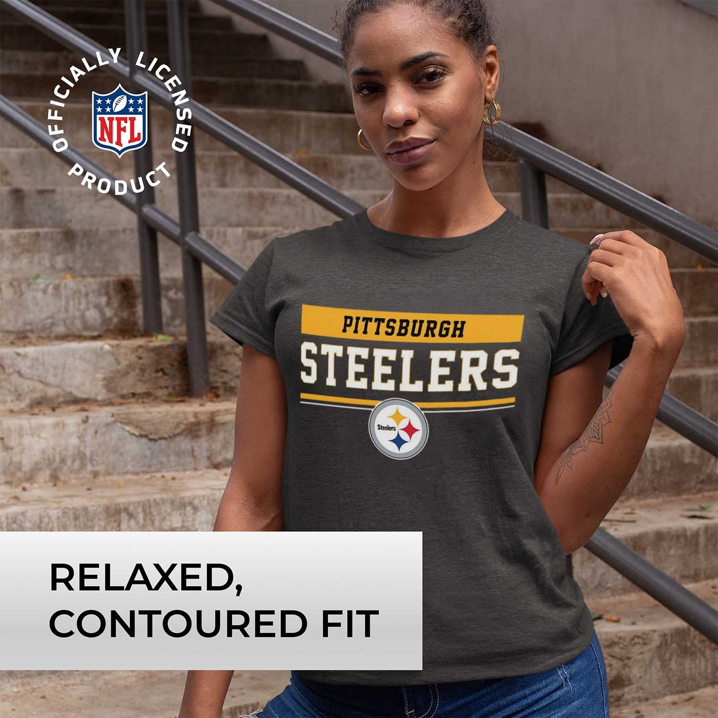 Pittsburgh Steelers NFL Women's Team Block Plus Sized Relaxed Fit T-Shirt - Charcoal