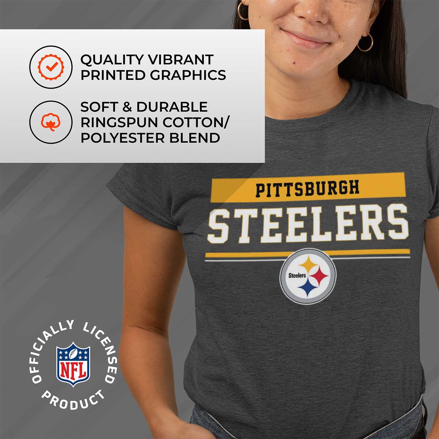 Pittsburgh Steelers NFL Women's Team Block Plus Sized Relaxed Fit T-Shirt - Charcoal