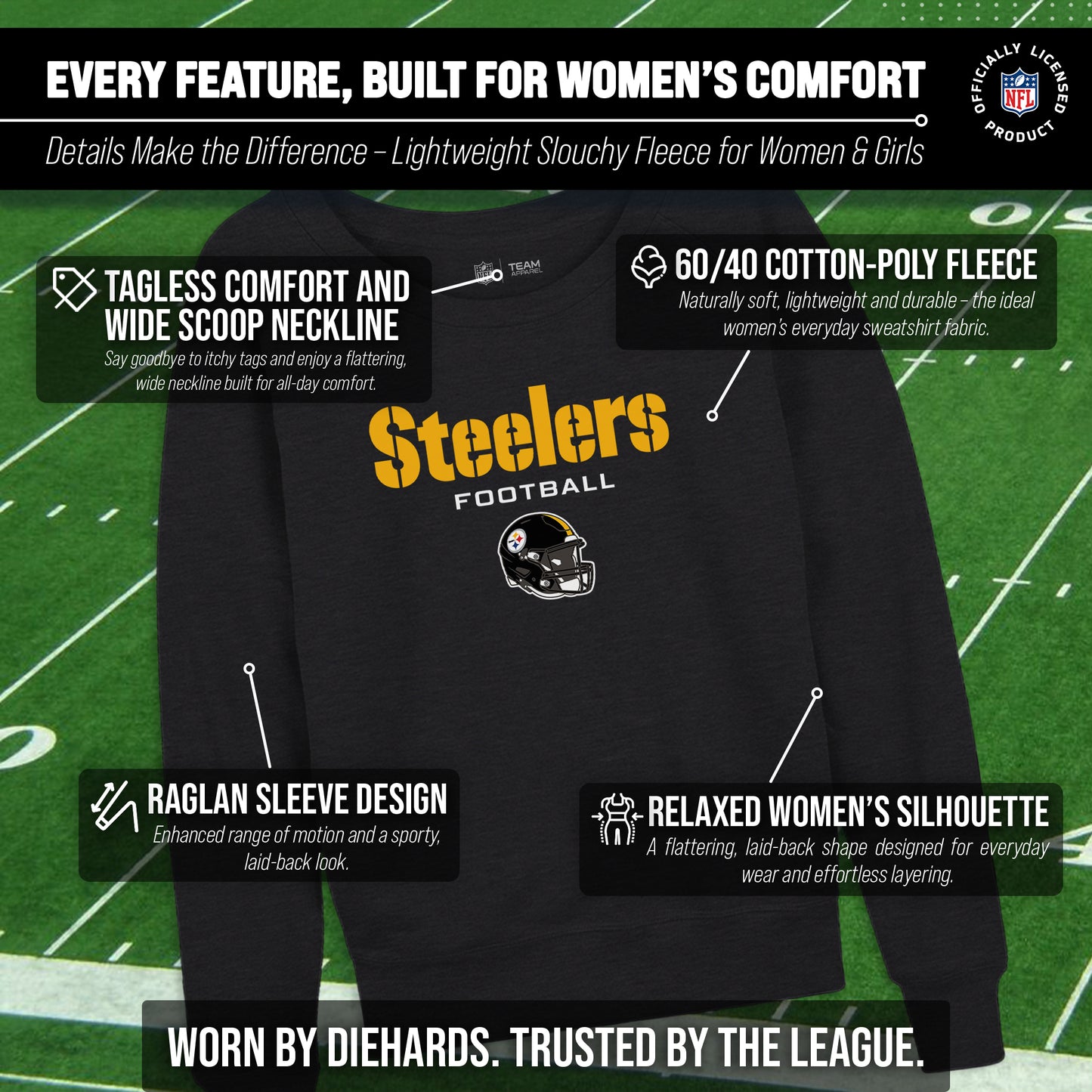 Pittsburgh Steelers NFL Womens Helmet French Terry Slouchy Top - Charcoal