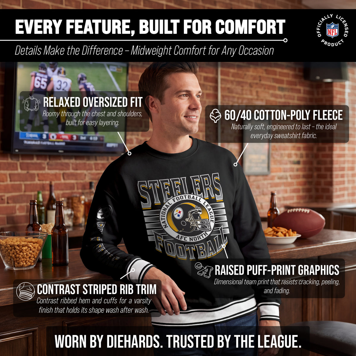 Pittsburgh Steelers NFL Men's Franchise Striped Rib Oversized Crewneck - Black