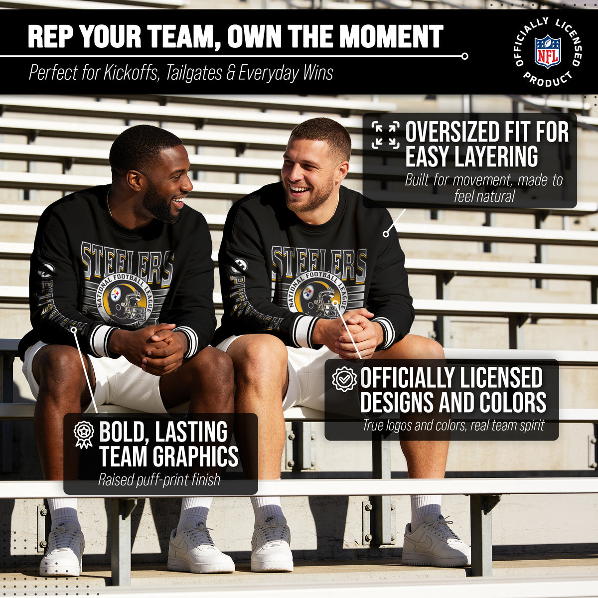 Pittsburgh Steelers NFL Men's Franchise Striped Rib Oversized Crewneck - Black
