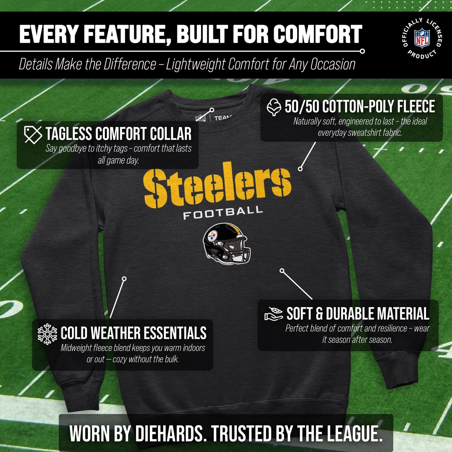 Pittsburgh Steelers Adult NFL Football Helmet Heather Crewneck Sweatshirt - Charcoal