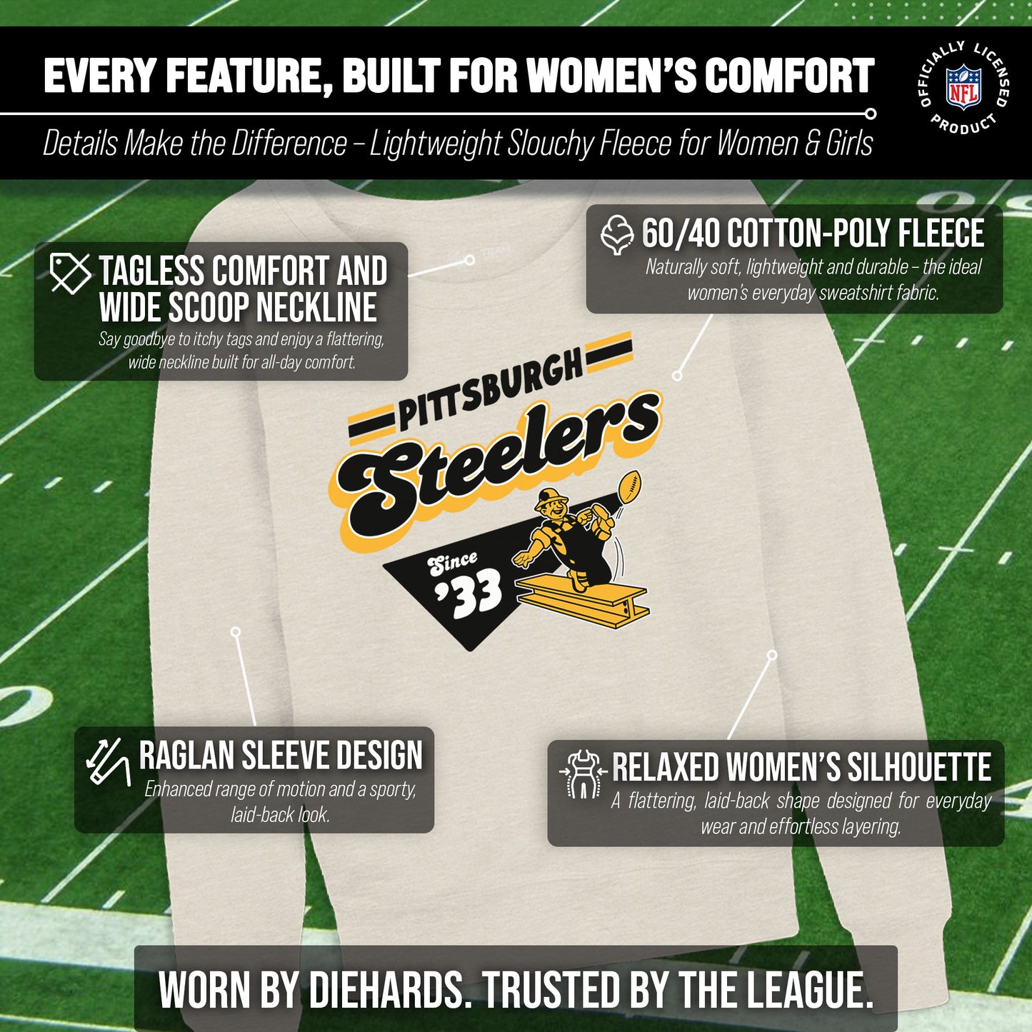 Pittsburgh Steelers NFL Womens Vintage Charm French Terry Slouchy Top - Birch