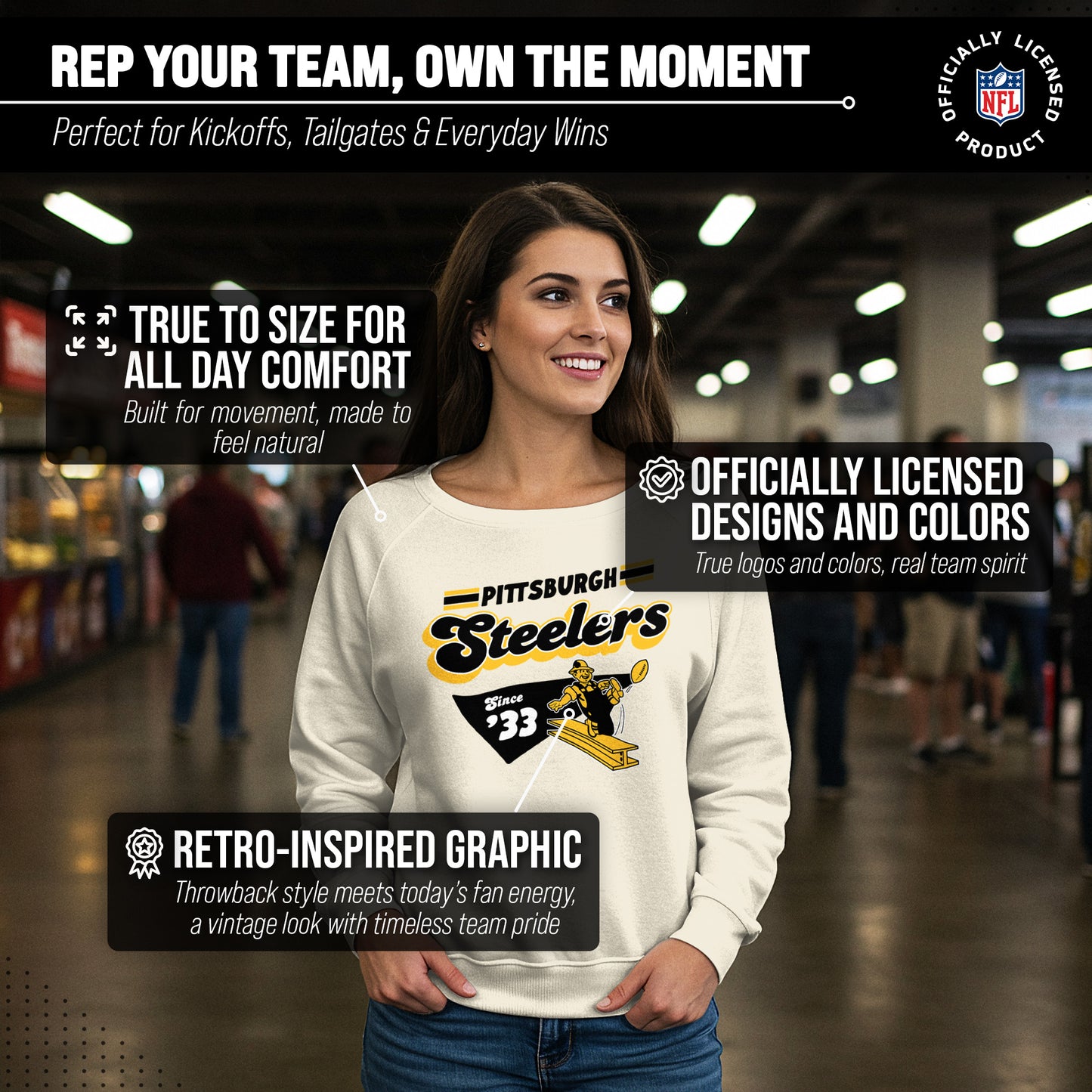 Pittsburgh Steelers NFL Womens Vintage Charm French Terry Slouchy Top - Birch