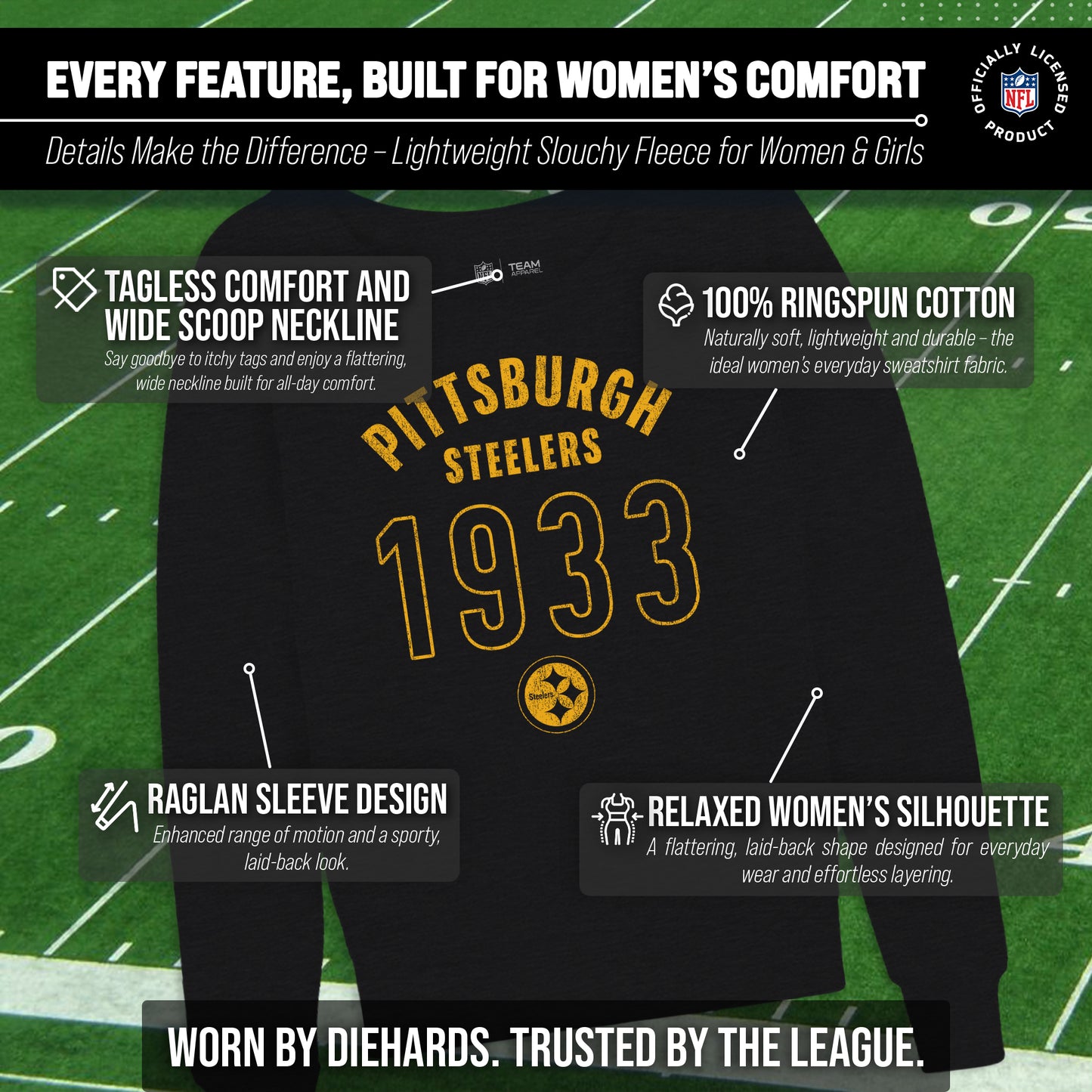 Pittsburgh Steelers NFL Womens Big Date French Terry Slouchy Top - Black