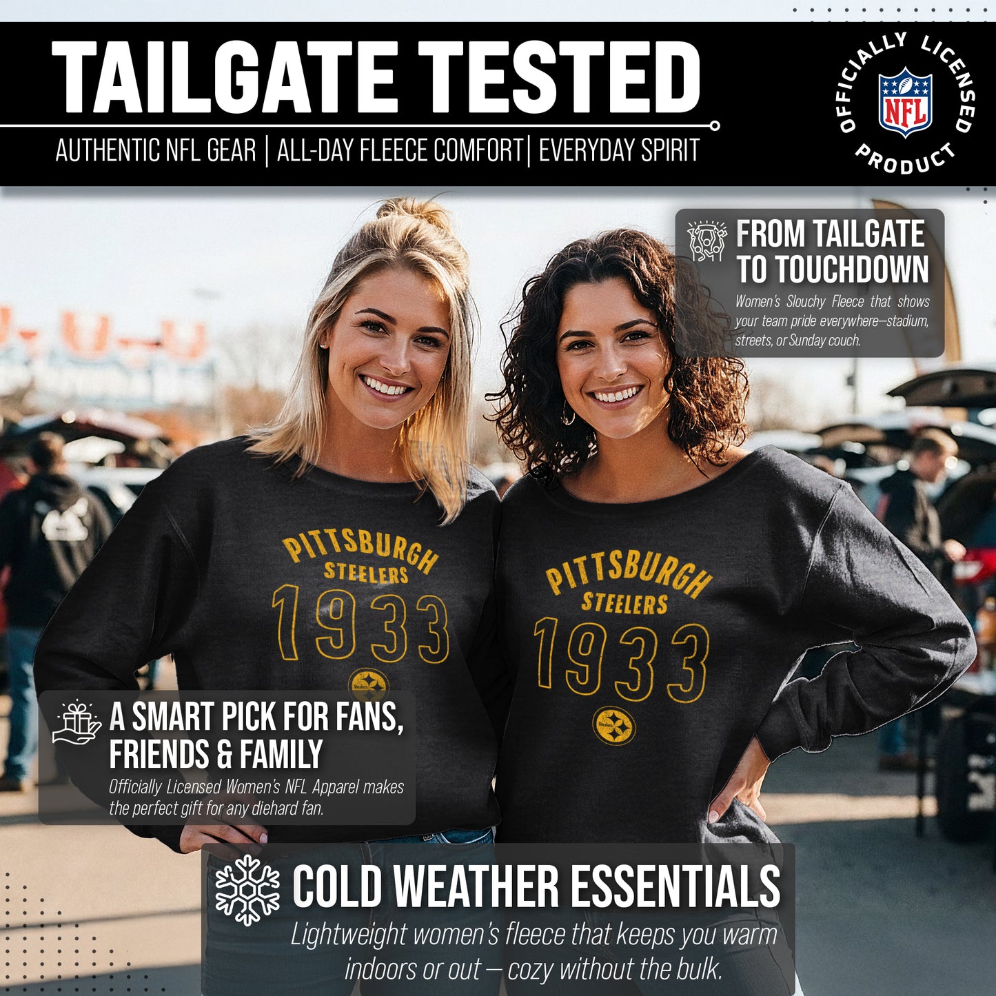 Pittsburgh Steelers NFL Womens Big Date French Terry Slouchy Top - Black