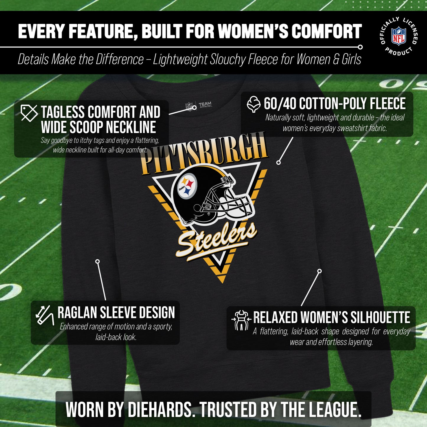 Pittsburgh Steelers NFL Womens Retro Triangle French Terry Slouchy Top- Raglan Sleeves - Heather Charcoal