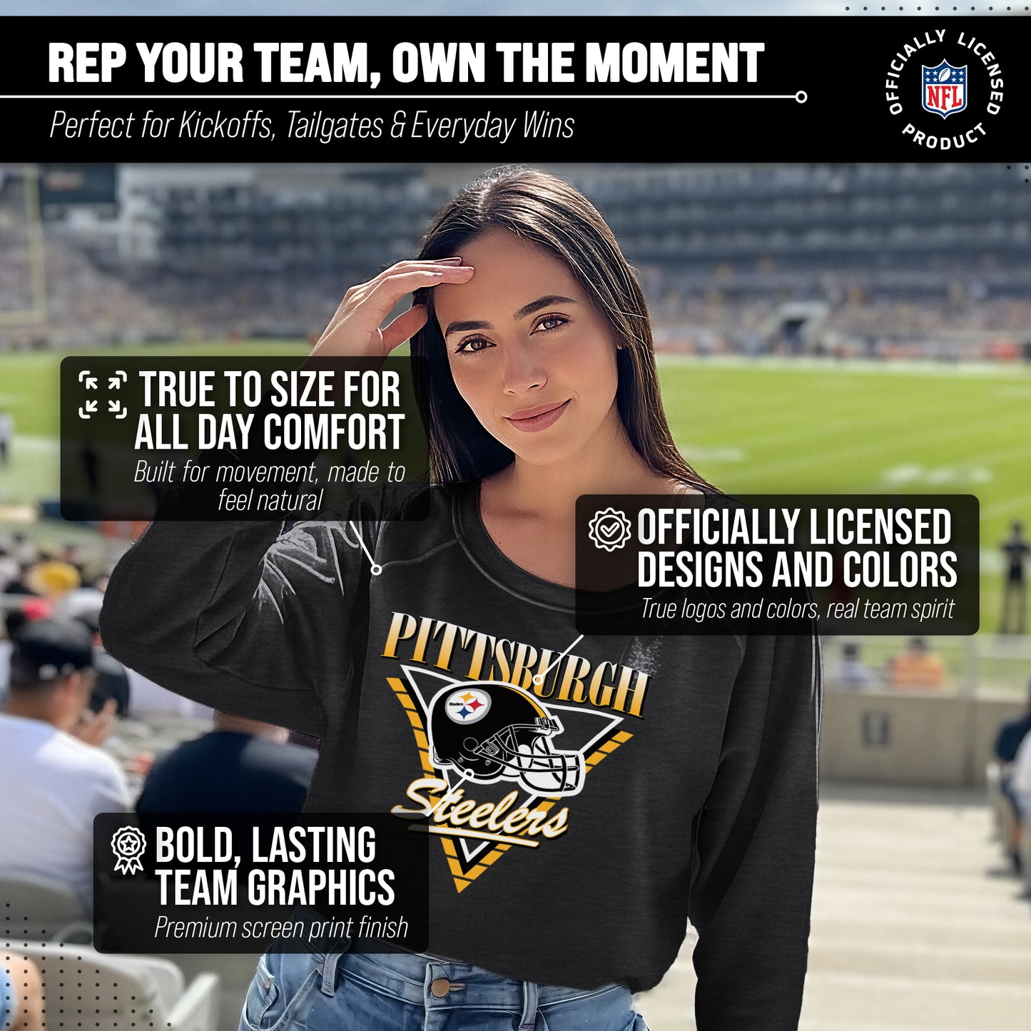 Pittsburgh Steelers NFL Womens Retro Triangle French Terry Slouchy Top- Raglan Sleeves - Heather Charcoal