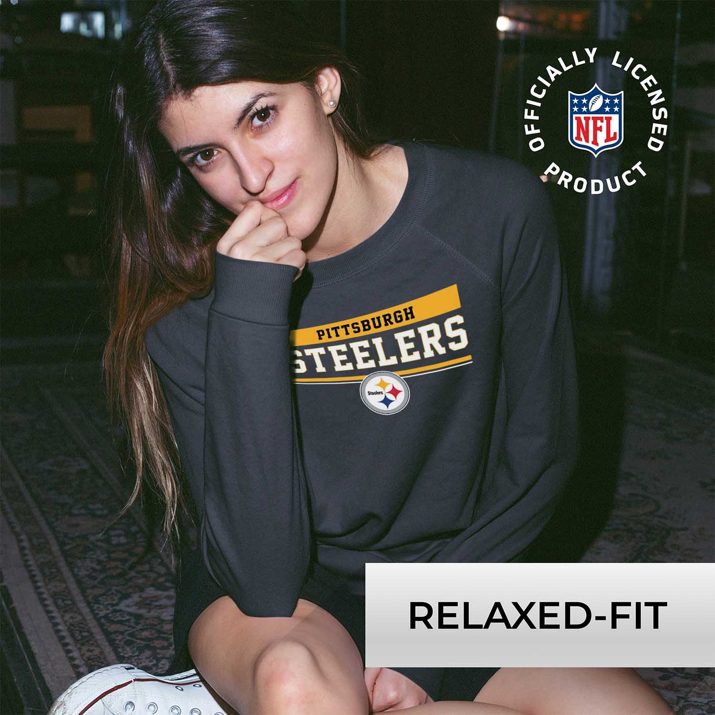 Pittsburgh Steelers NFL Womens Team Block French Terry Slouchy Top - Charcoal