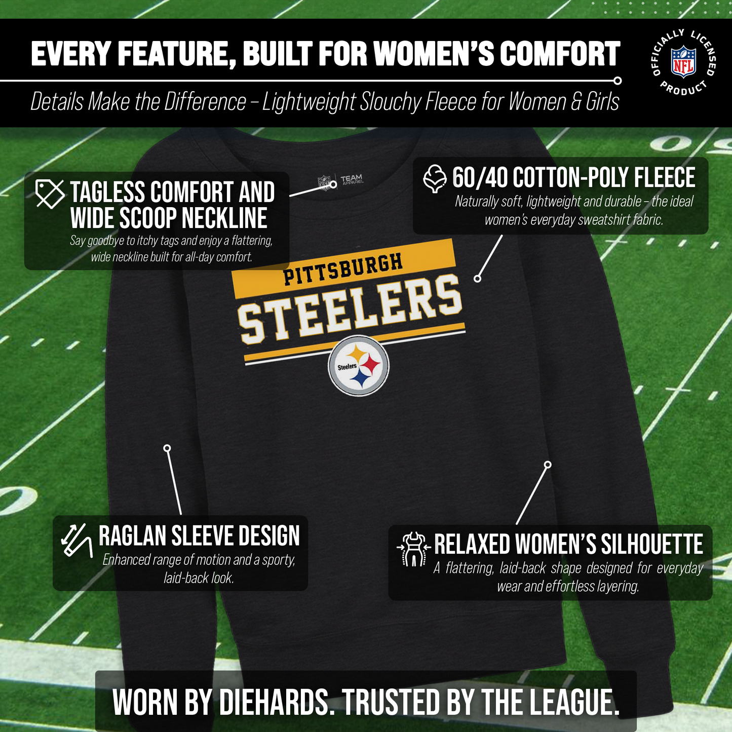 Pittsburgh Steelers NFL Womens Team Block French Terry Slouchy Top - Charcoal