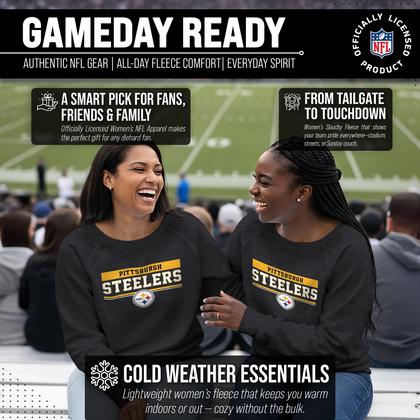Pittsburgh Steelers NFL Womens Team Block French Terry Slouchy Top - Charcoal